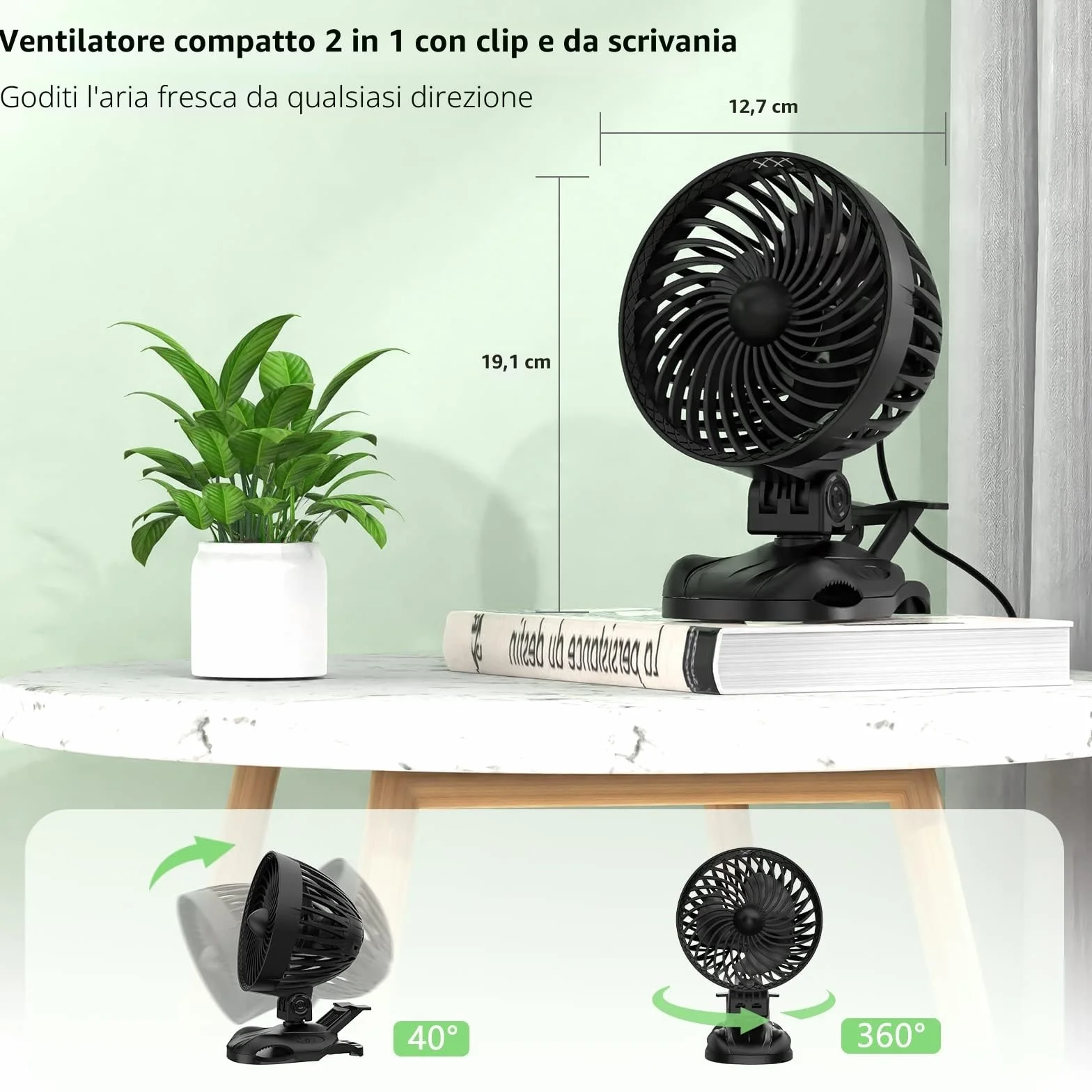OUILA Ventilatore USB, Mini Ventilatore da Tavolo, 9 Velocità Fan con Clip, Rotazione a 360° Piccolo Fan per Camera da Letto, Casa, Ufficio, Auto, Campeggio - Nero (USB Alimentato)