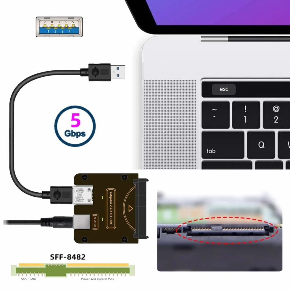 Adattatore RAID per disco rigido SAS 29 pin SFF-8482 a USB 3.0 5 Gbps con chipset e porta di alimentazione (richiede alimentatore 12 V/3 A)