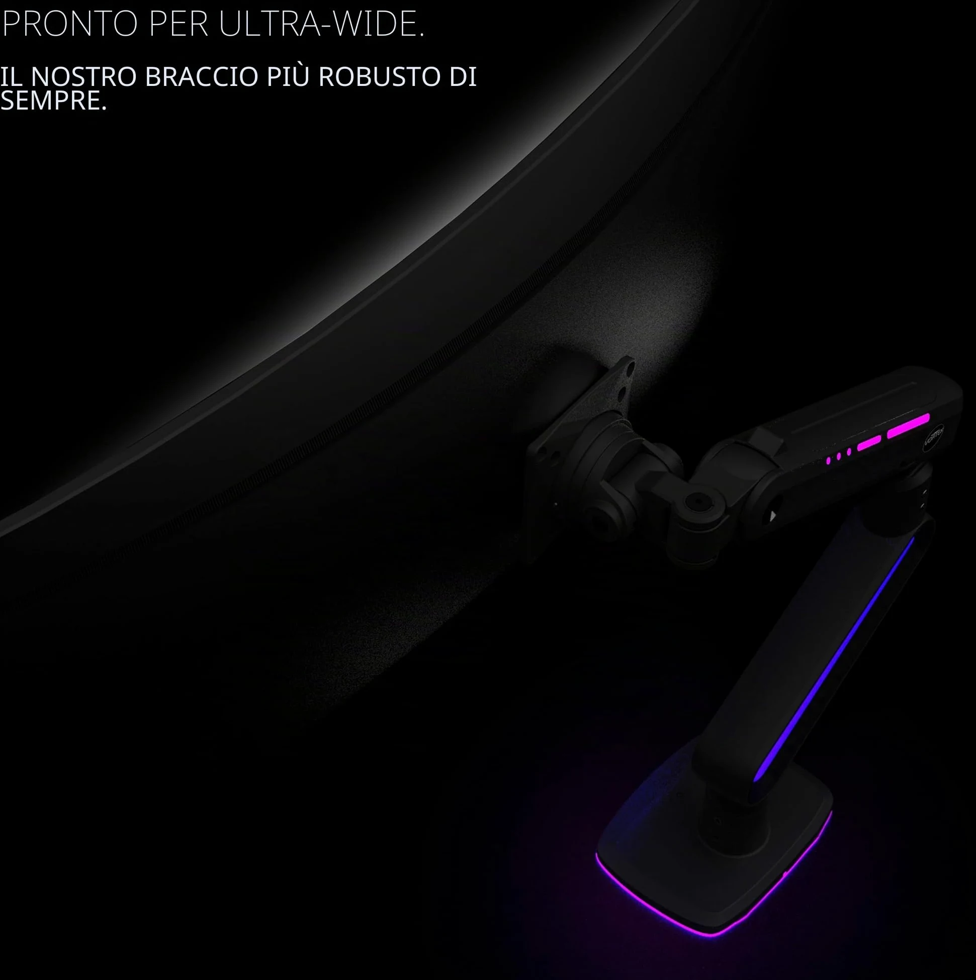 Invision VORTEX Supporto Braccio Monitor Gaming Schermi 27 a 57 pollici | Curvo e UltraWide | Alimentato Tramite USB 5 V | Luci LED RGB Integrate a 14 Modalità | 3-18 kg MAX (VR200)