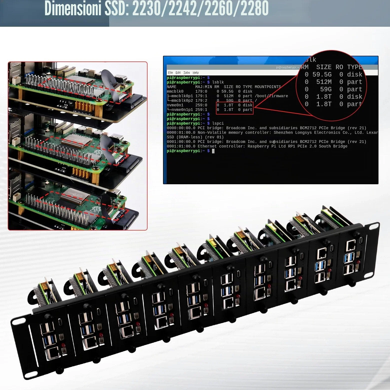 GeeekPi Supporto rack 2U da 19" per Raspberry Pi 5, con 10 adattatori SSD PCIe a M.2 NVMe, può contenere fino a 10 schede Raspberry Pi 5/4B, compatibile con server rack da 19"