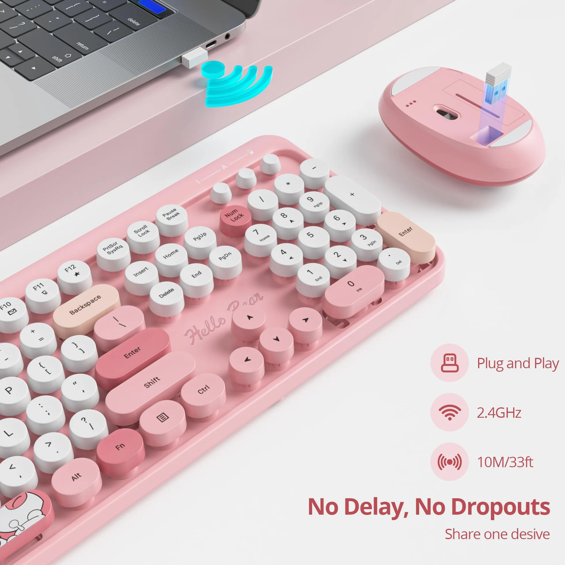 Tastiera e Mouse Senza fili, Americana QWERTY，Cute Tastiera Wireless con Tastierino Numerico, 2.4 GHz Retro Macchina Da Scrivere Full-size with Tasti Rotondi（Bear Pink）