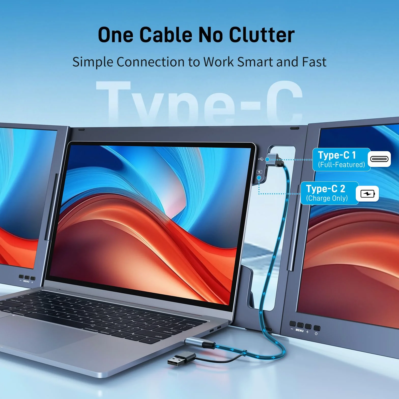 15,6” FHD triplo schermo laptop estensione UNO cavo di collegamento per laptop 11‘’-16‘’ ruotabile a 360° e ripiegabile per lavoro, viaggi, gioco