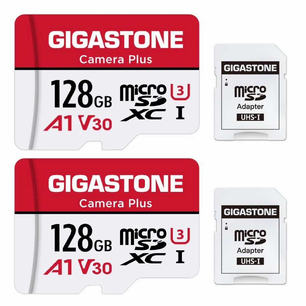 GIGASTONE Micro SD 128 GB, Camera Plus, Set da 2, A1 U1 C10 UHS-1, Per GoPro Fotocamera Videocamera, Velocit? Fino a 100/60 MB/Sec(R/W), con Adattatore Scheda SD