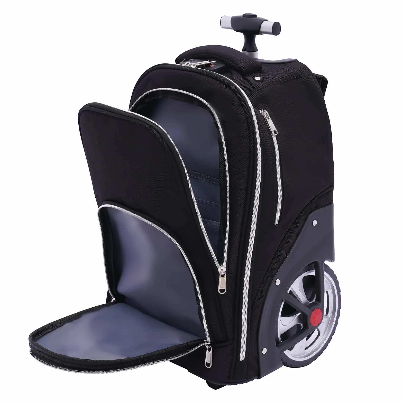 Trolley zaino da 45 l, zaino con ruote, impermeabile, portatile da 15 pollici, bagaglio a mano 3 in 1, ruota silenziosa, trolley in alluminio regolabile in altezza, per scuola, business
