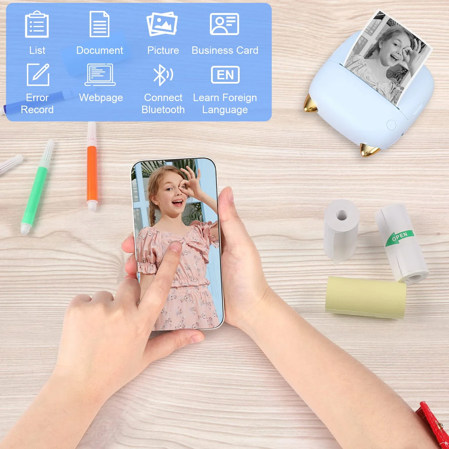 GuKKK Mini Stampante Fotografica, Mini Stampante Termica con LED colorati, Stampante Fotografica Istantanea Portatile, Mini Stampante Termica Bluetooth Ricarica USB, per Note, Diario, Elenco