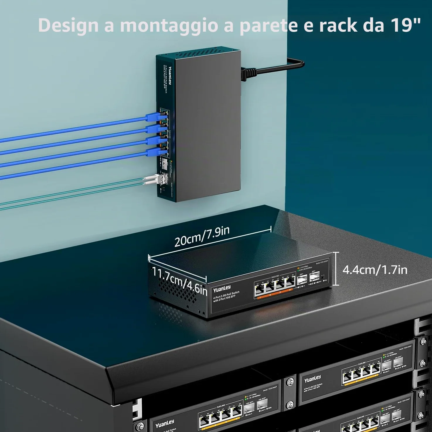 YuanLey 6 Port 2.5G PoE Switch Non Gestito, 4 Porte PoE 2.5G Base-T, 2 x 10G SFP, 802.3af/at, 78W, Compatibile con 100/1000/2500Mbps, Metallo Senza Ventola, Montaggio a Parete Switch di Rete 2.5Gbe