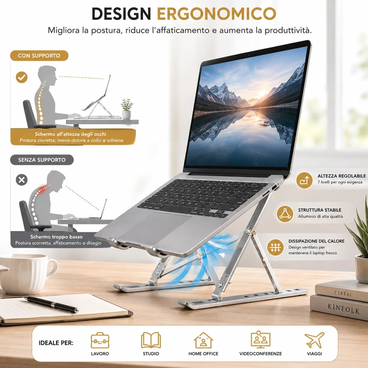 Ali Brothers Supporto per Laptop in Alluminio, Pieghevole e Portatile, Regolabile a 7 Livelli, Antiscivolo, Grigio, Finitura Metallica Anodizzata (supporto da laptop)