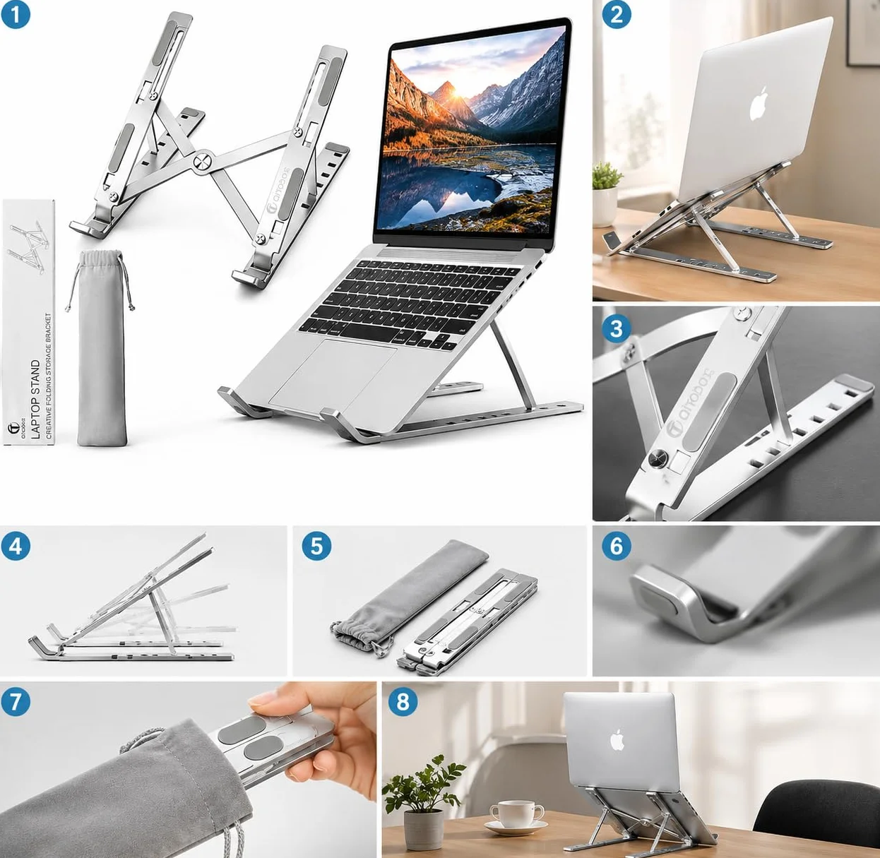 Ali Brothers Supporto per Laptop in Alluminio, Pieghevole e Portatile, Regolabile a 7 Livelli, Antiscivolo, Grigio, Finitura Metallica Anodizzata (supporto da laptop)