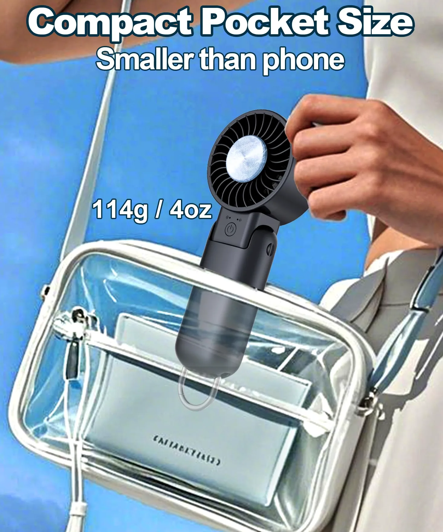 Ventilatore portatile portatile con display a LED, turbocompresso, raffreddamento a lunga durata, 5 velocità, 113,4 g, leggero, ricaricabile tramite USB, mini ventilatore personale, regalo per donne