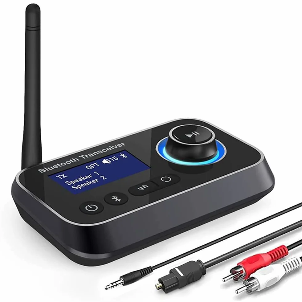 Trasmettitore Ricevitore Bluetooth 3-in-1 Adattatore Audio Bluetooth 5.3 per 2 Cuffie con Cavi Bypass Aux/Ottico/RCA ON/off Automatico LCD Display Controllo Volume per TV Stereo Casa PC