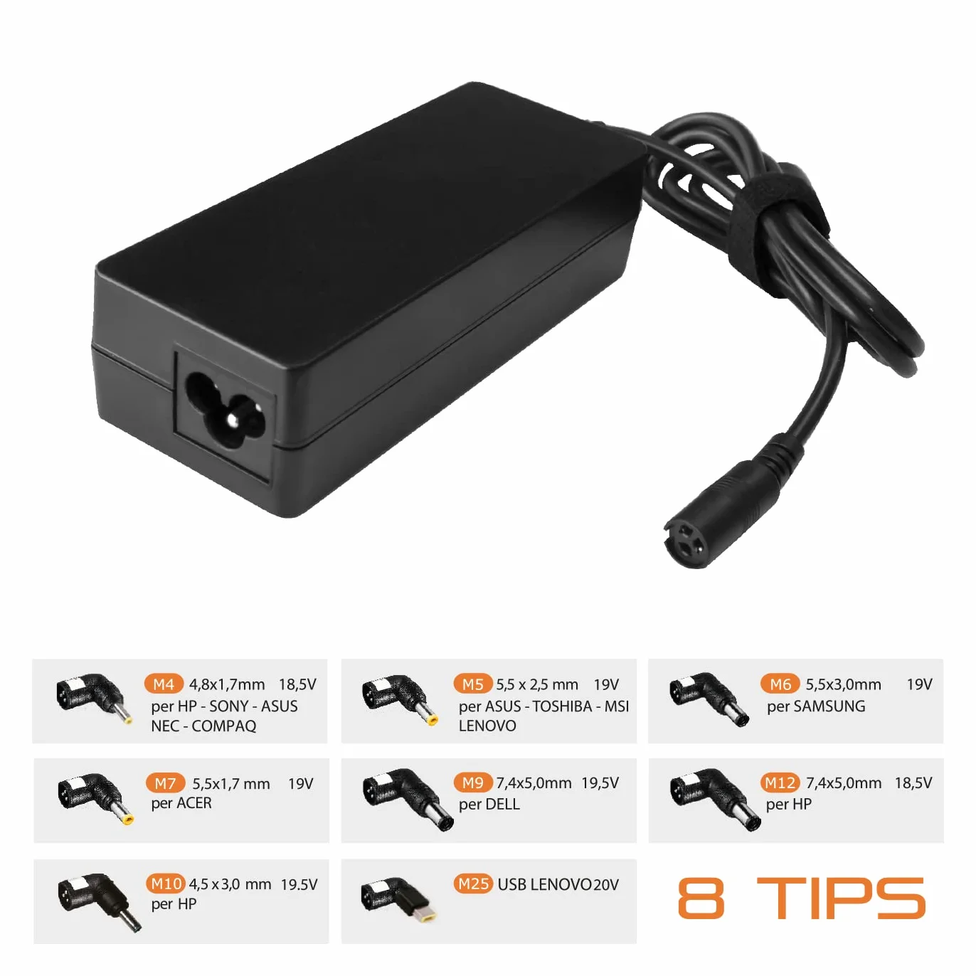 Alimentatore compatibile (65W Universale PC) rapido universale x dispositivi HP/LENOVO/ACER/ASUS/TOSHIBA/DELL/MEDION/SONY/Fujitsu/SAMSUNG/Packard Bell/MSI/IBM /.