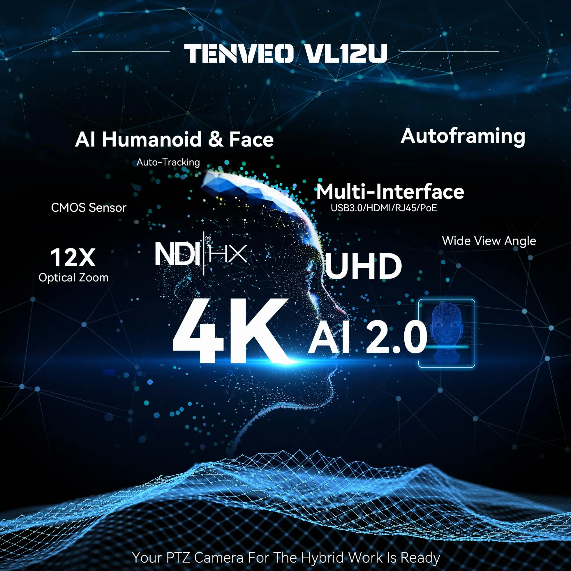 Tenveo Telecamera PTZ NDI 4K con Tracking Automatico AI, Zoom Ottico 12X, USB3.0 HDMI LAN PoE NDI Camera IP Streaming Live per Chiesa Conferenze Trasmissioni Eventi YouTube OBS vMix Livestream