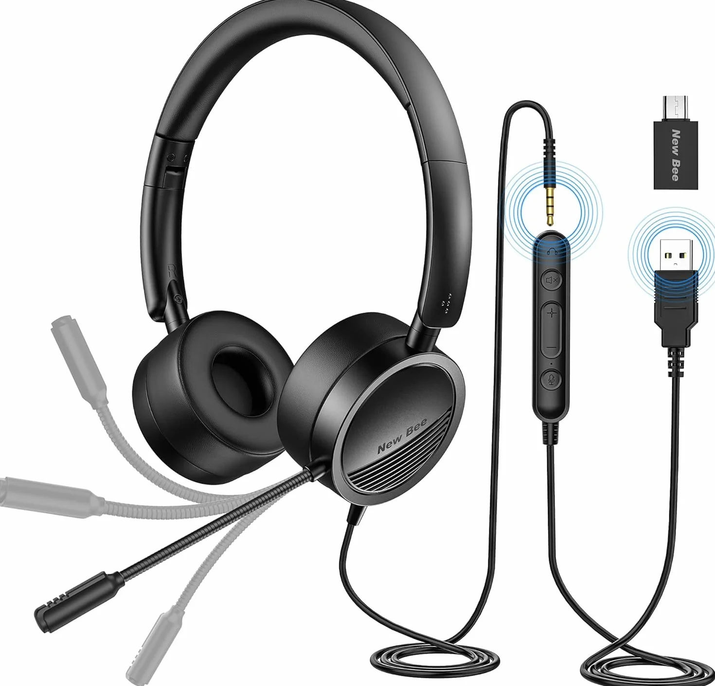 New Bee Cuffia PC con Microfono Cuffie USB/3.5 mm Suono Stereo Nitido Auricolare Business per Skype Zoom MS Team Seminario Web Chiamare Call Center(1 pezzo)