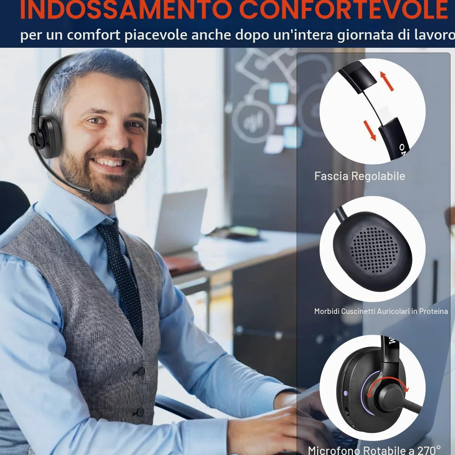 Cuffie Wireless con Doppio Microfono CVC8.0 Cancellazione del Rumore | Cuffie Bluetooth per PC Cellulare Teams Ufficio Call Center, 30 Ore di Conversazione, Ultra Comfort