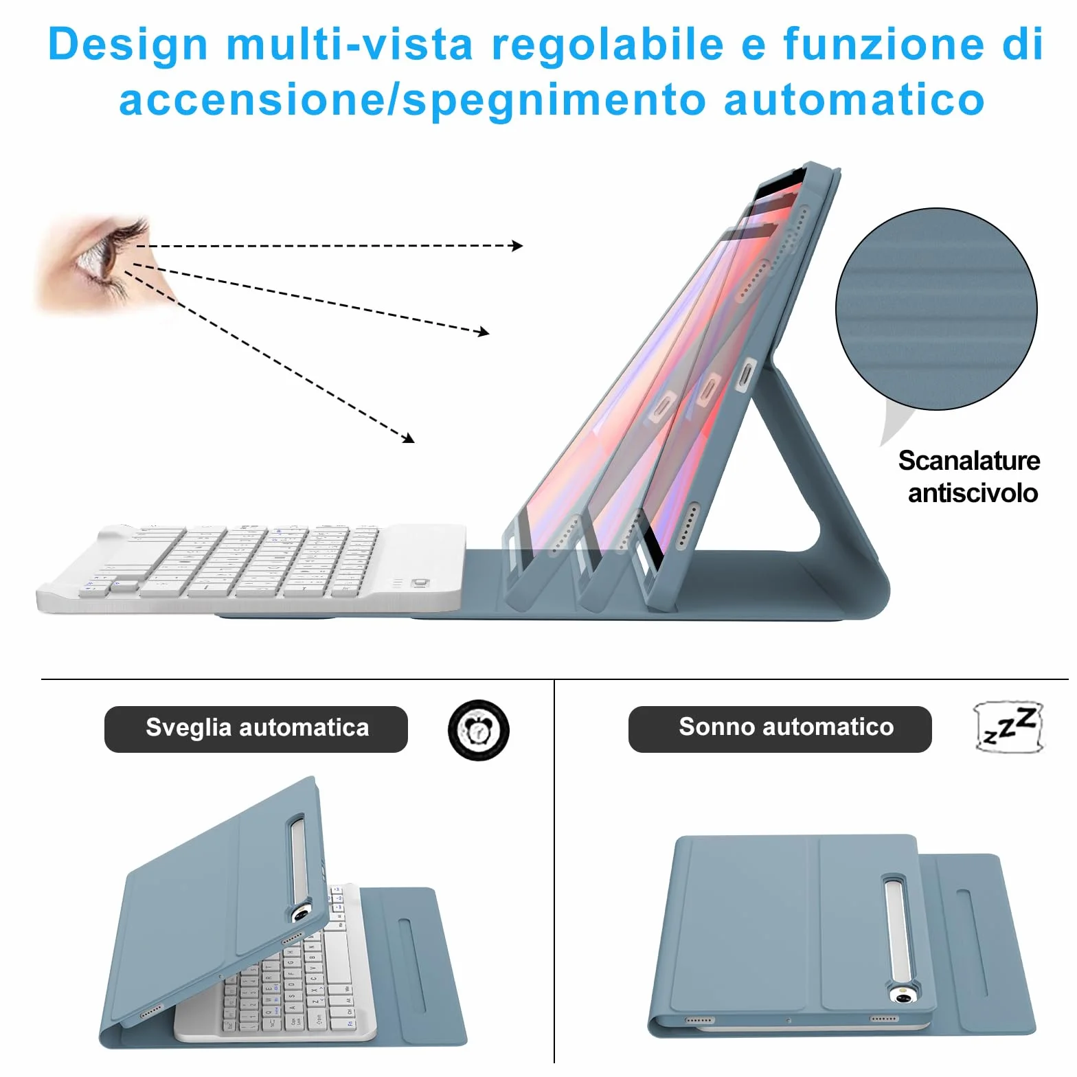 IVEOPPE Cover Tastiera per Samsung Galaxy Tab S10 Lite/S9 FE/S10 FE 10.9"/S9 11", Tastiera Italiano QWERTY Bluetooth Senza Fili Staccabile, Custodia con Portapenna, Grigio-blu
