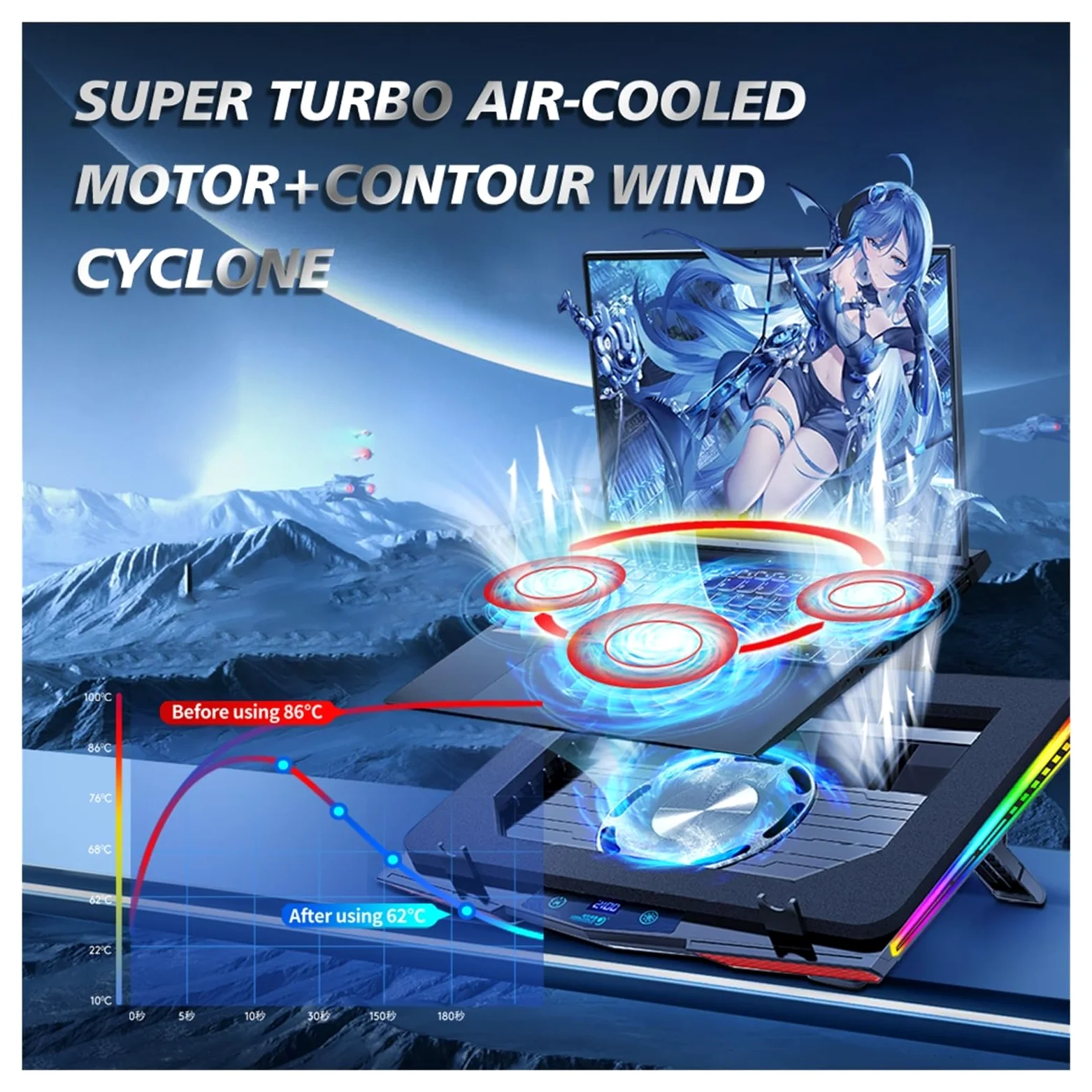 Tappetino di Raffreddamento for Laptop RGB A Compressione d'Aria, Dispositivo di Raffreddamento USB Ultra Silenzioso, Supporto Regolabile for Dissipazione Rapida del Calore