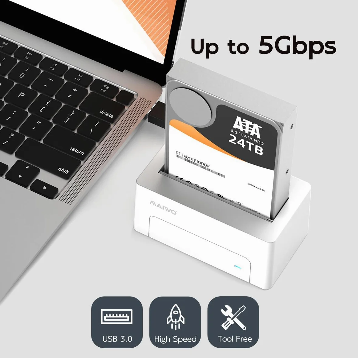 MAIWO Adattatore da SAS a USB 3.0, 2,5" SAS SATA HDD SSD, capacità 24 TB, docking station per lettore di dischi rigidi esterni con adattatore di alimentazione 12 V 2 A, senza attrezzi (bianco)