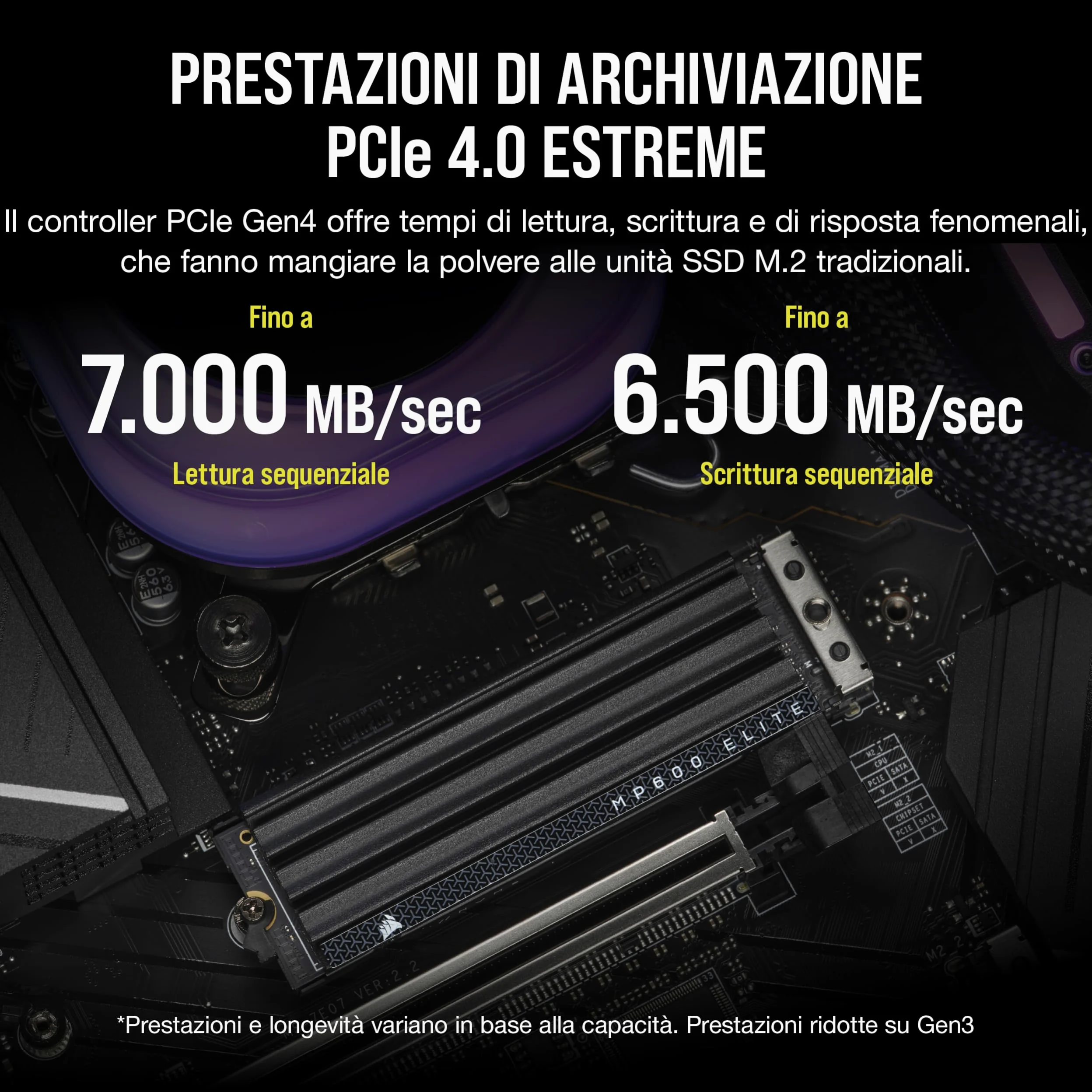 CORSAIR MP600 ELITE 4TB M.2 PCIe Gen4 x4 NVMe SSD con Dissipatore Incluso – M.2 2280 – Fino a 7.000 MB/sec in Lettura Sequenziale – NAND 3D TLC ad Alta Densità – Nero