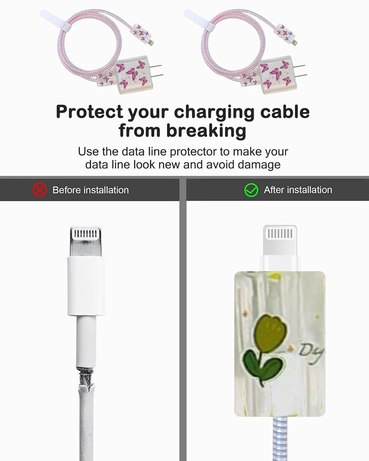Protezioni a Forma di Fiore, Kits di Cavi Protezioni Compatibile con iPhone, Protettivi per Caricabatterie USB-C per Donne, Antigoccia Impedisce de Cavo Linee Dati, Anti-Rottura da Gatto(Rosa)