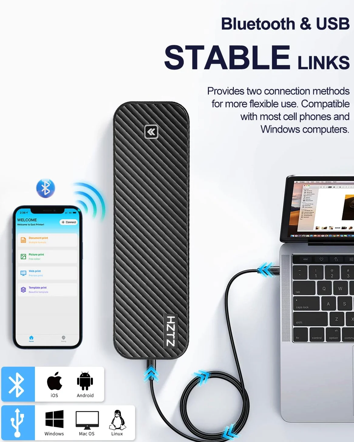 Stampante portatile senza fili, stampante termica, stampa senza inchiostro, Bluetooth e USB, supporto stampante US Brief/A4/A5, carta termica, compatibile con Android e iOS Telefono/Laptop