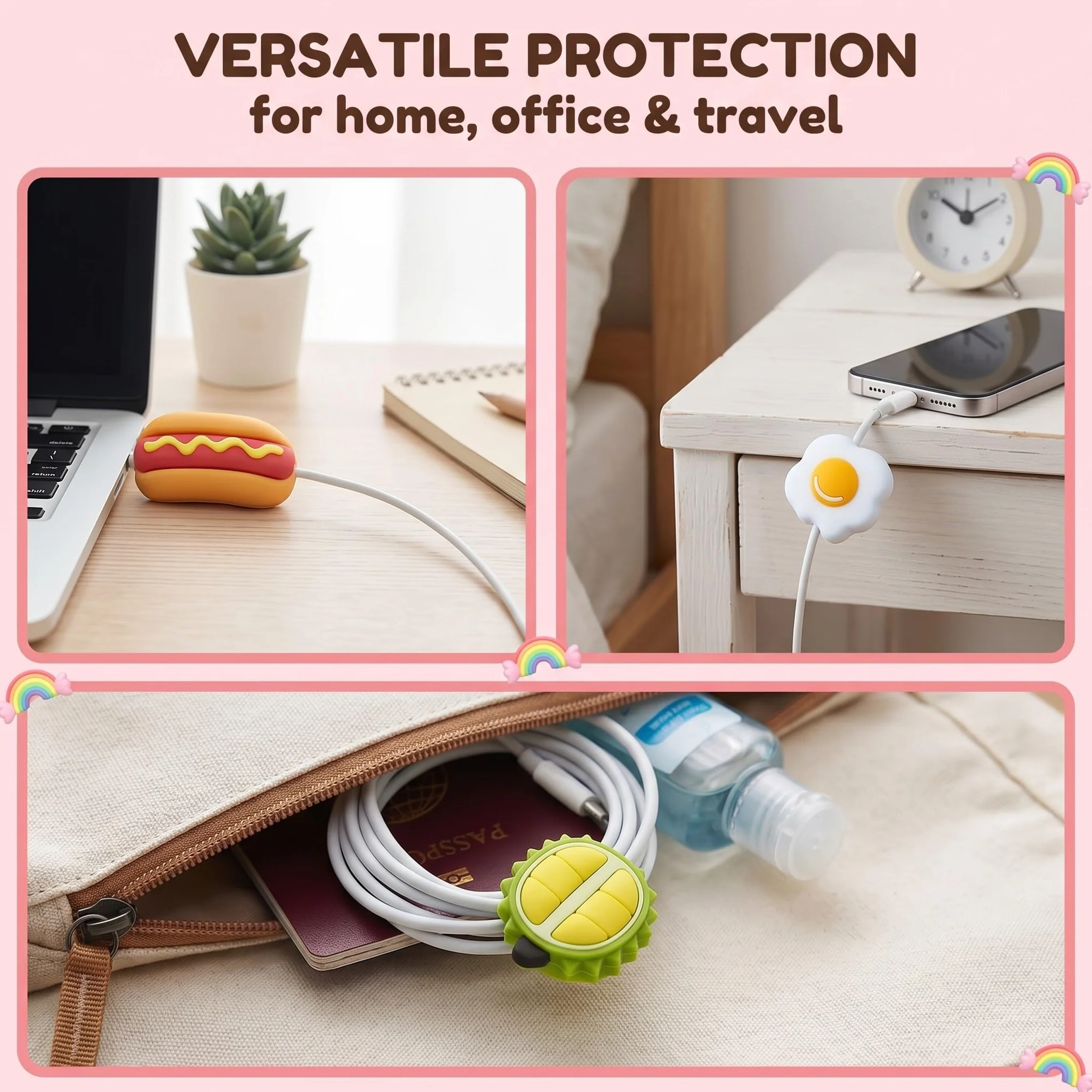 10 Pezzi Protezione Cavo Caricabatterie, Copri Cavo USB in Silicone a Forma di Cartone Animato (Avocado, Hamburger, Patatine), Proteggi Cavo Anti-Rottura Universale per Smartphone e Tablet