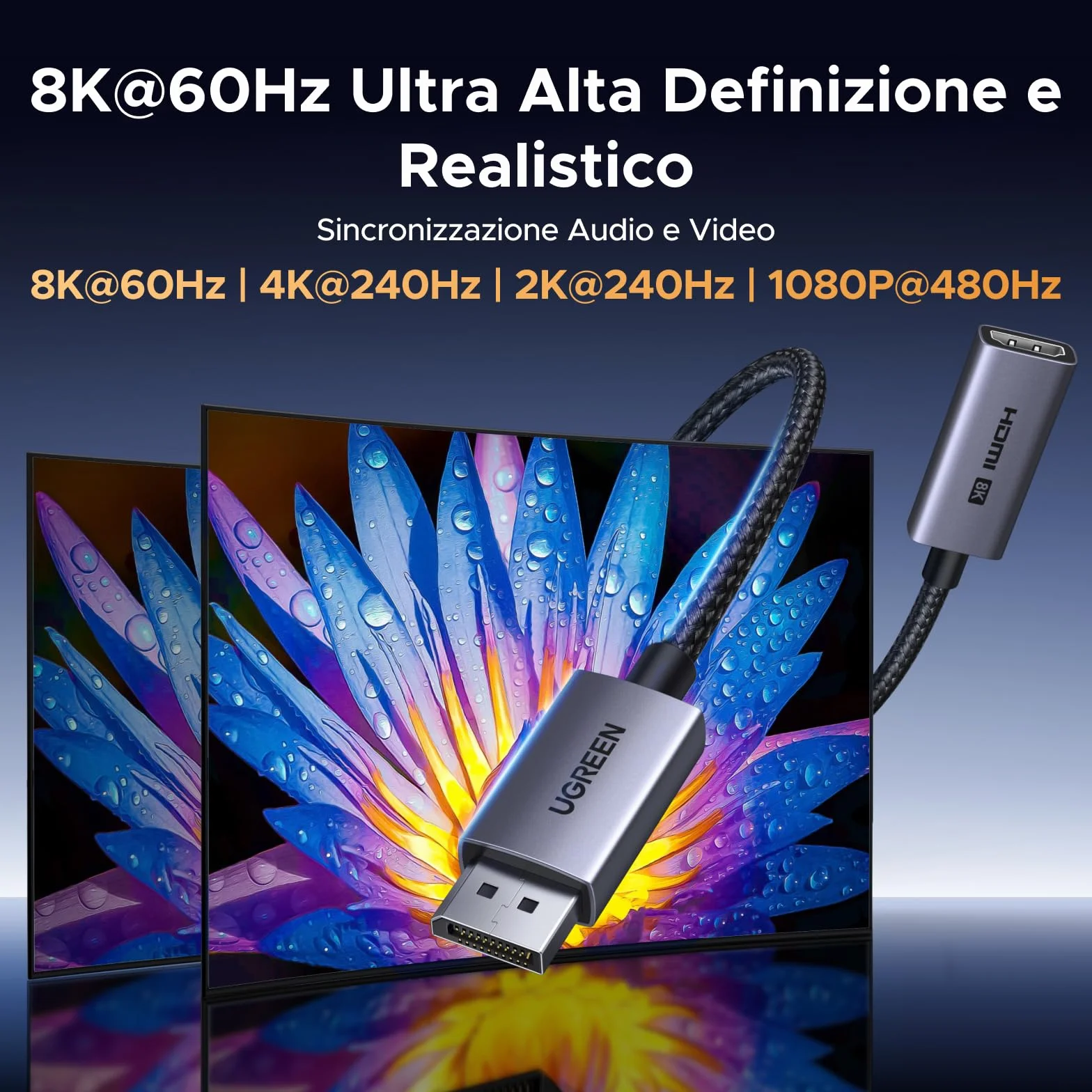 UGREEN 8K Adattatore DisplayPort a HDMI Convertitore DP Maschio a HDMI Femmina 8K 60Hz 4K 240Hz Unidirezionale Compatibile con Laptop Monitor Schede Grafiche TV Proiettori