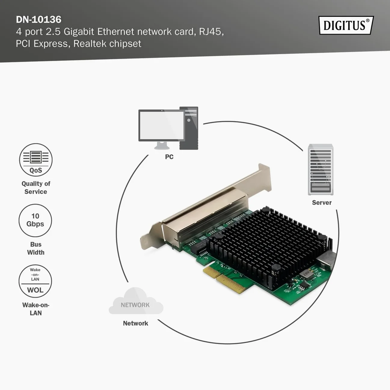 Digitus Scheda di Rete Server Ethernet 2,5 Gigabit - 4 Porte RJ45 - NIC - RTL8125B - 10/100/1000/2500 Mbps