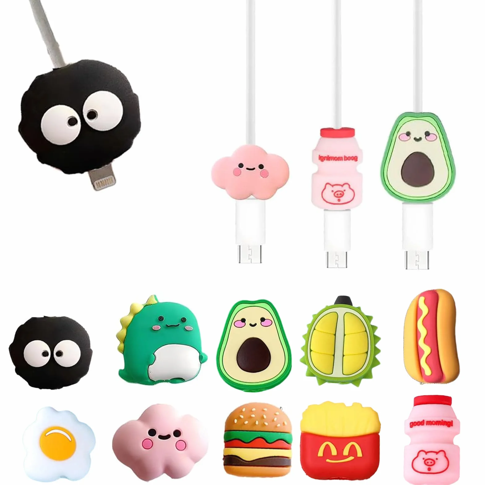 10 Pezzi Protezione Cavo Caricabatterie, Copri Cavo USB in Silicone a Forma di Cartone Animato (Avocado, Hamburger, Patatine), Proteggi Cavo Anti-Rottura Universale per Smartphone e Tablet
