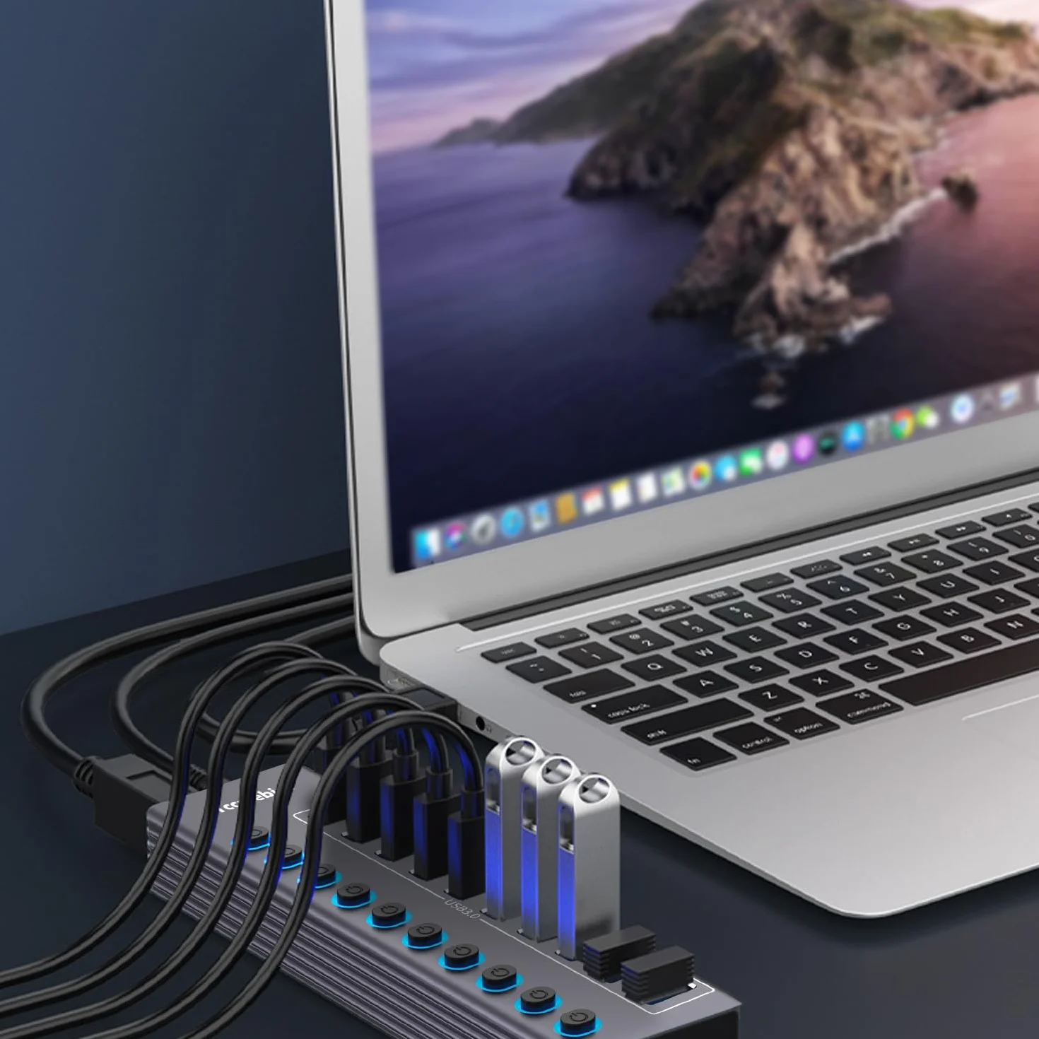 Hub USB 3.0 Alimentato, USB 3.0 / USB C a 10 Porte in Alluminio Trasmissione Dati 5Gbps, con Interruttore Indipendente LED, Adattatore di Alimentazione 12V/3A, 2-in-1 Cavo Dati(TCC-T310U)