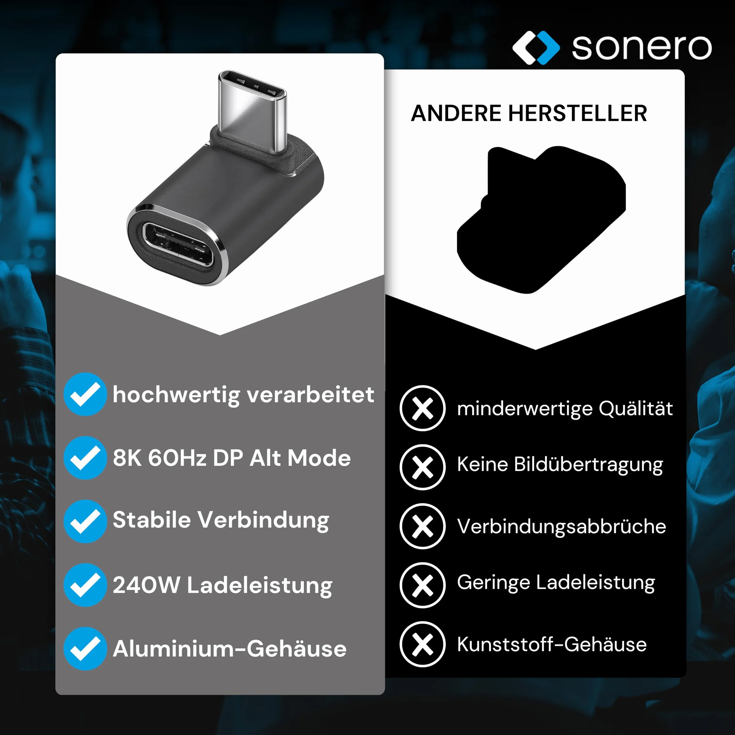 Sonero USB-C maschio a presa USB-C inclinata a 90°, adattatore, 40 Gbps, 240 W, 8K60 Hz, alloggiamento in alluminio, nero