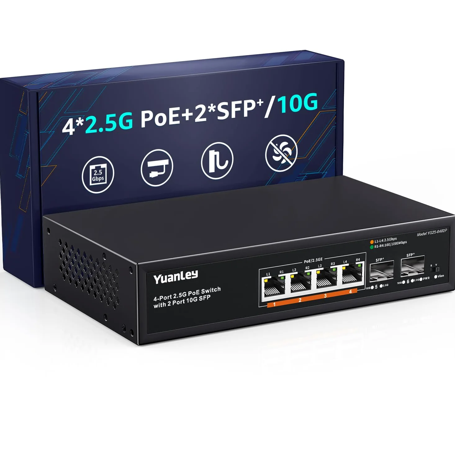 YuanLey 6 Port 2.5G PoE Switch Non Gestito, 4 Porte PoE 2.5G Base-T, 2 x 10G SFP, 802.3af/at, 78W, Compatibile con 100/1000/2500Mbps, Metallo Senza Ventola, Montaggio a Parete Switch di Rete 2.5Gbe