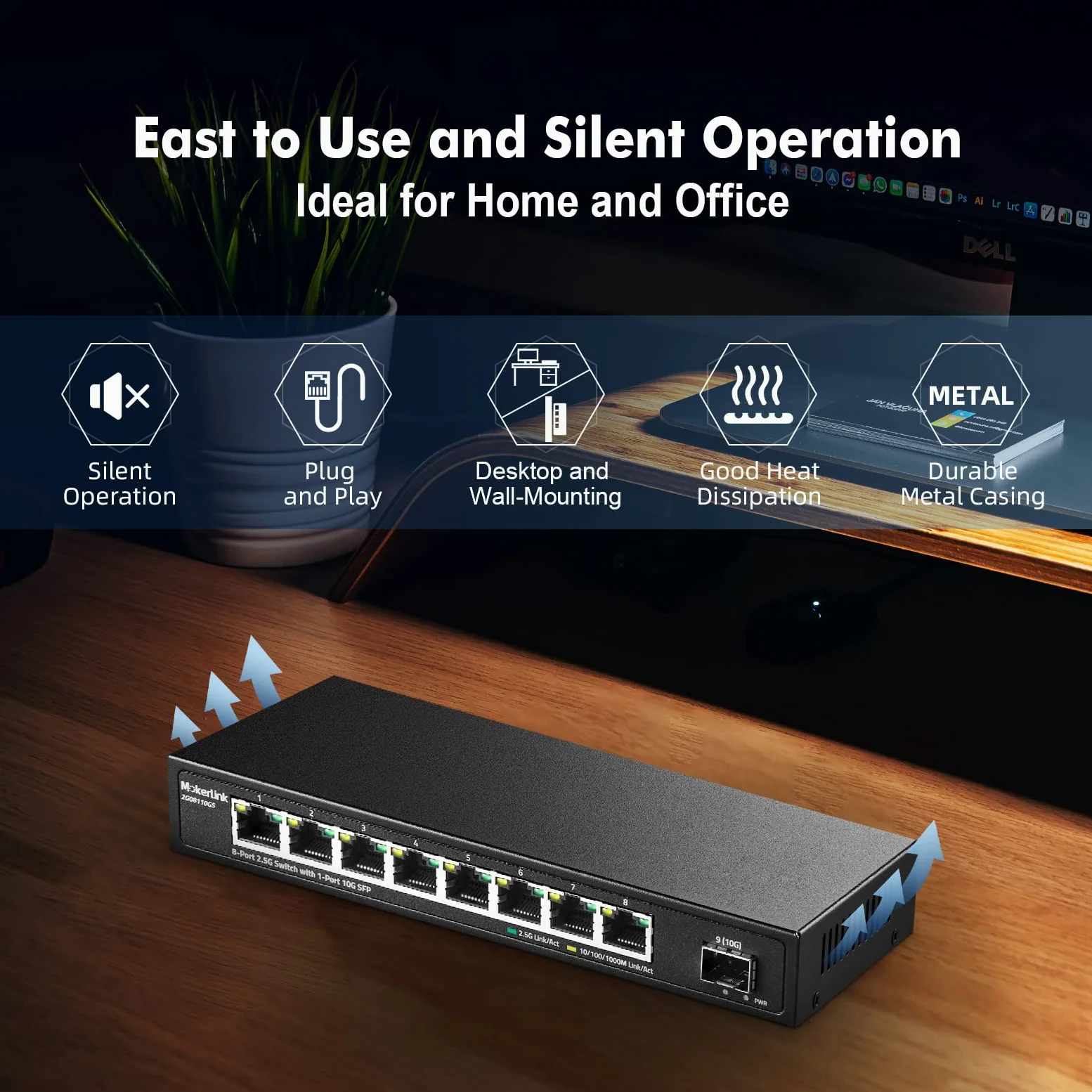 Switch Ethernet MokerLink a 8 porte 2,5Gbps con porta SFP 10G, 8 porte Base-T 2,5G compatibili con 100/1000Mbps, switch di rete senza ventola in metallo Plug and Play