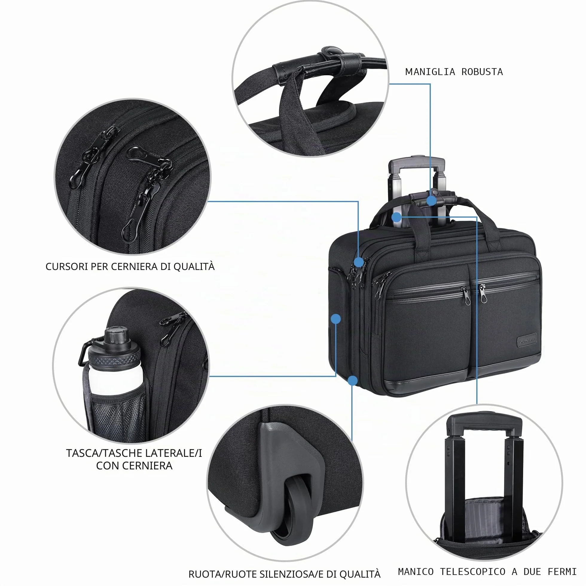 KROSER Trolley Business Rolling Laptop Case con ruote fino a 17,3 pollici, impermeabile, con tasche RFID per viaggio/scuola/uomo/donna, colore nero