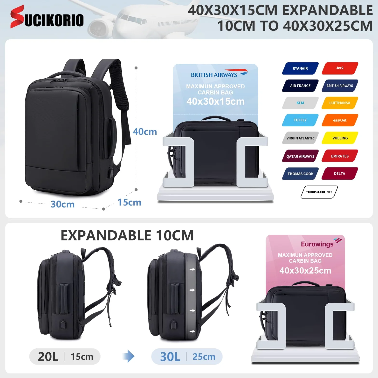 40x30x15cm Air France British Airways Scalabile 10cm 40x30x25cm Eurowings Zaino da Viaggio Aereo Bagaglio a Mano Volotea, Impermeabile Zaini Borse da Viaggi Zaino Porta PC 15,6 Pollici