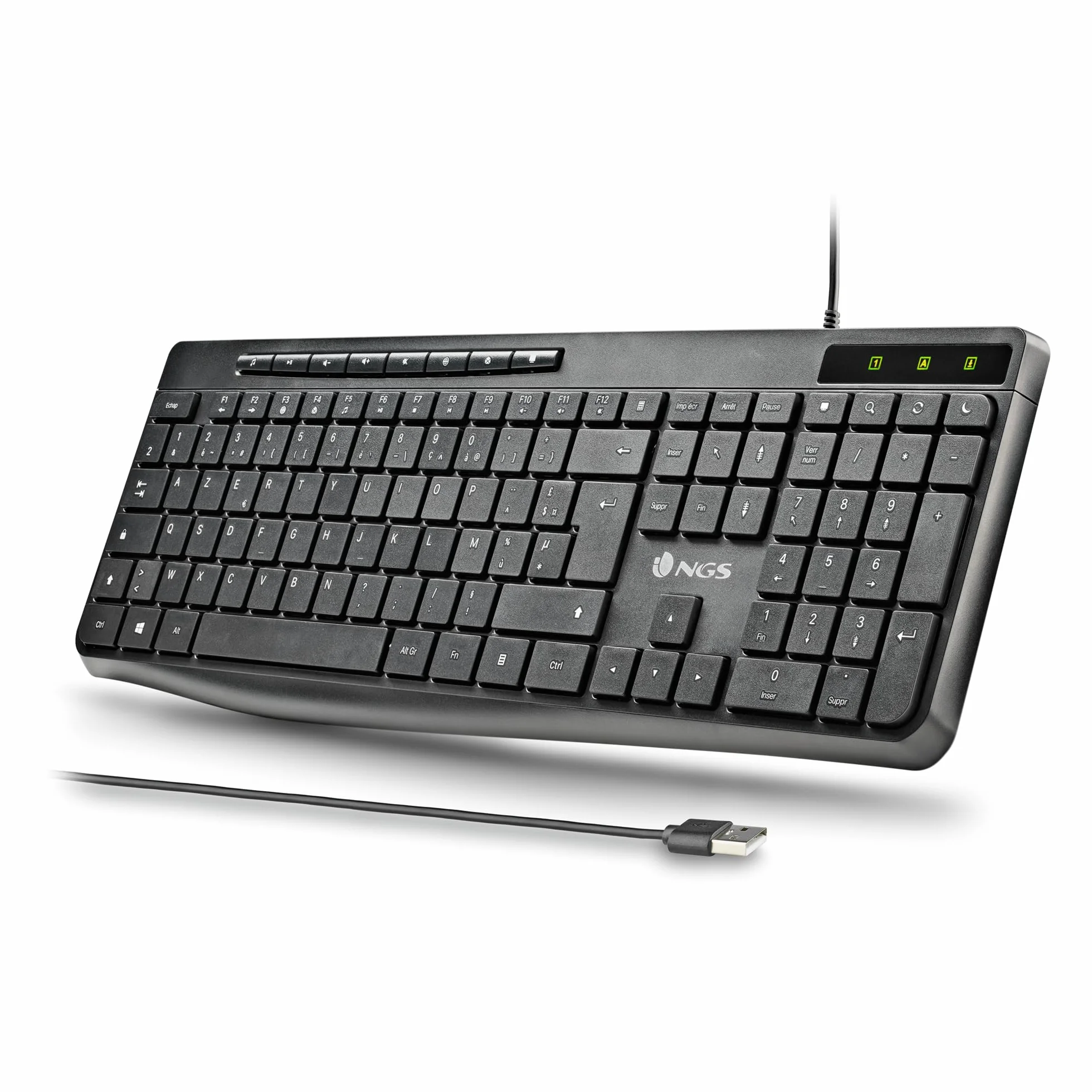 NGS Spectra French - Tastiera Multimediale Ultra Slim con Connessione USB-A, Tasti Silenziosi, 8 + 12 Tasti Multimediali, Resistente agli Schizzi, Fino a 10 Milioni di Battute, Design Ergonomico