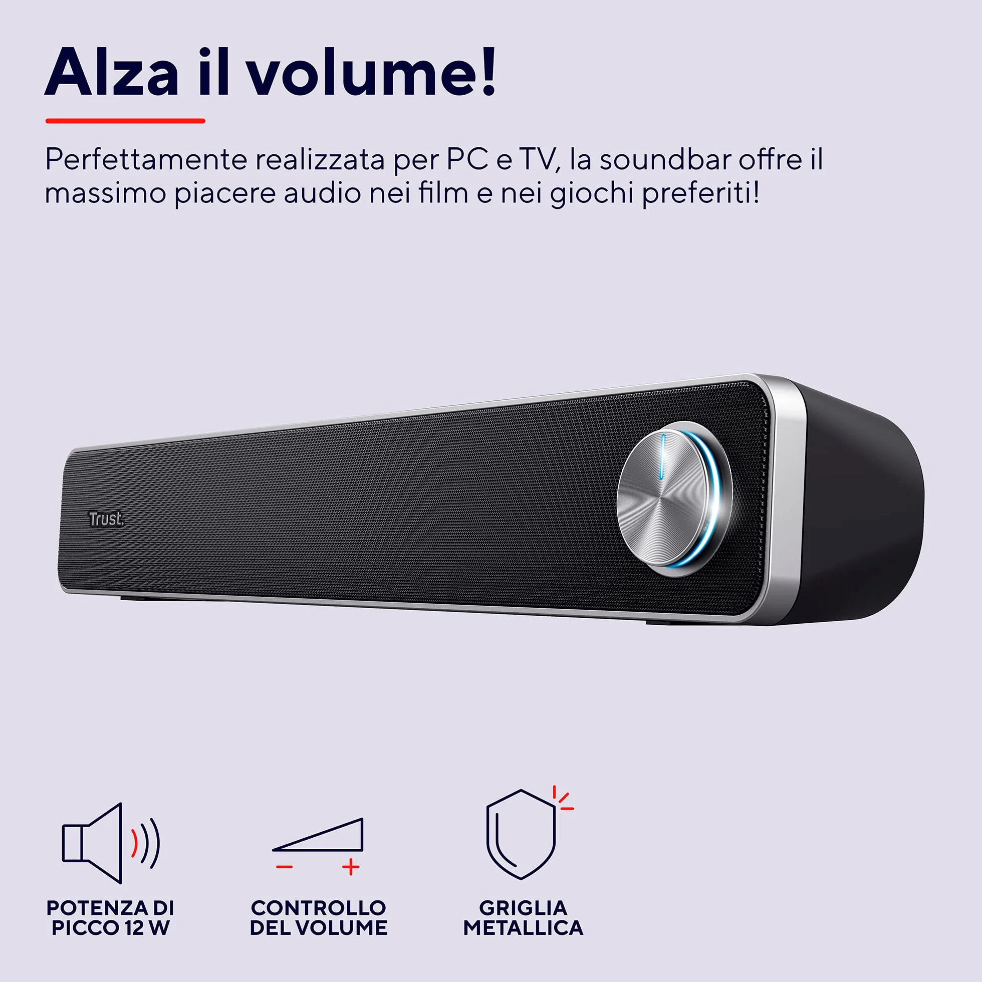 Trust Arys Soundbar PC, 12 W, Casse PC, Alimentazione USB, Jack 3,5 mm, Barra Audio, Altoparlanti per Computer, Portatile, TV, Tablet, Smartphone, Nero, 42 x 6.4 x 7.5 cm