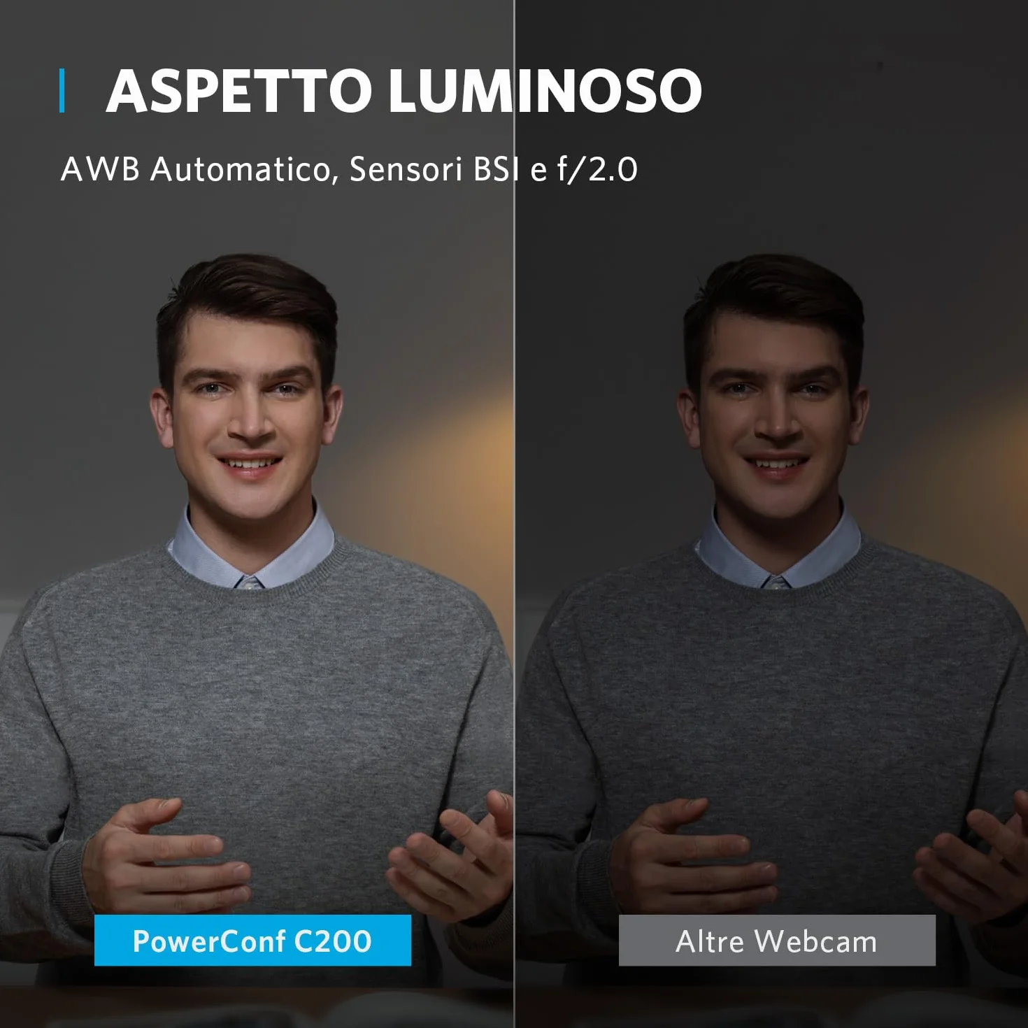 AnkerWork PowerConf C200 2K USB Webcam per laptop e computer, microfoni con cancellazione del rumore AI, stereo, campo visivo regolabile, correzione della luce bassa, copertura privacy integrata