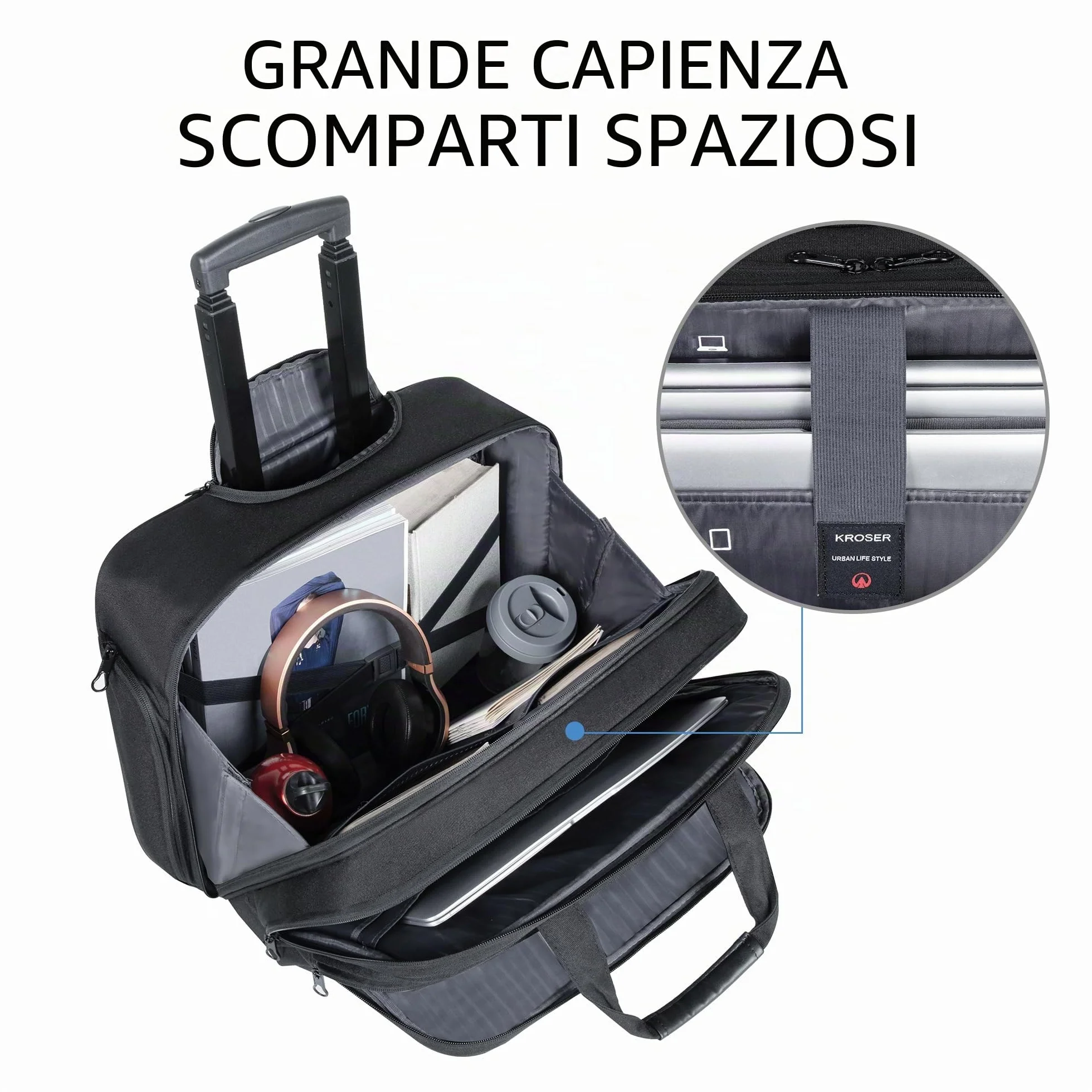 KROSER Trolley Business Rolling Laptop Case con ruote fino a 17,3 pollici, impermeabile, con tasche RFID per viaggio/scuola/uomo/donna, colore nero