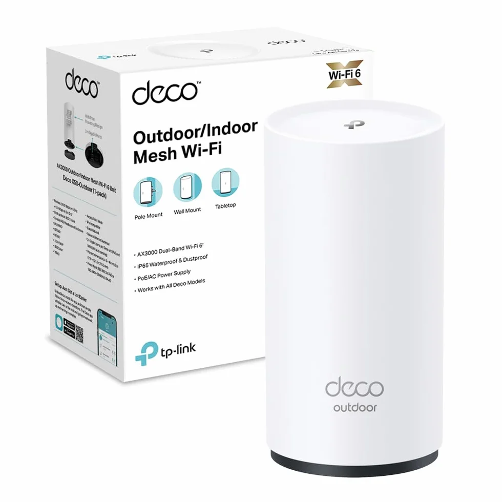 TP-Link Deco X50-Outdoor Router AX3000Mbps Access Point Esterno Mesh WiFi 6 Dual Band, IP65 Resistenza alla Polvere e all'Acqua, Palo e Montaggio a Parete, Alimentazione Poe/AC, Alexa, Uno Copre 230㎡