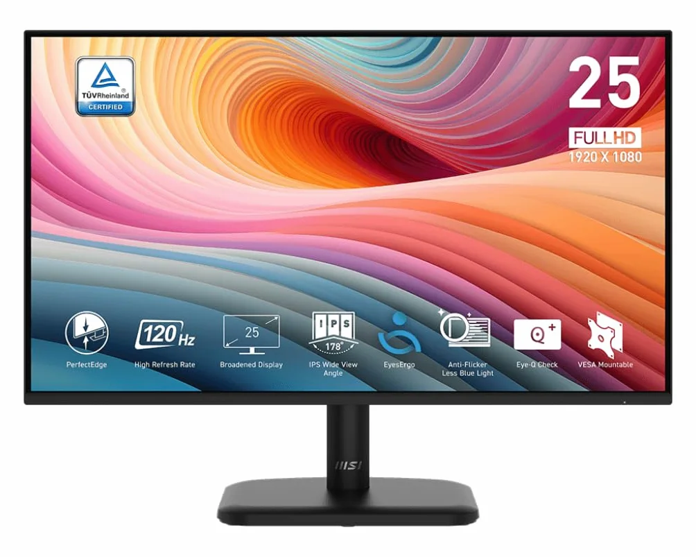 MSI PRO MP251LDE Monitor Full HD 24,5 pollici – 1920 x 1080 – Pannello IPS – 120 Hz – Schermo per occhi – Navigazione a 5 vie – VESA – Risposta 1 ms – HDMI – VGA