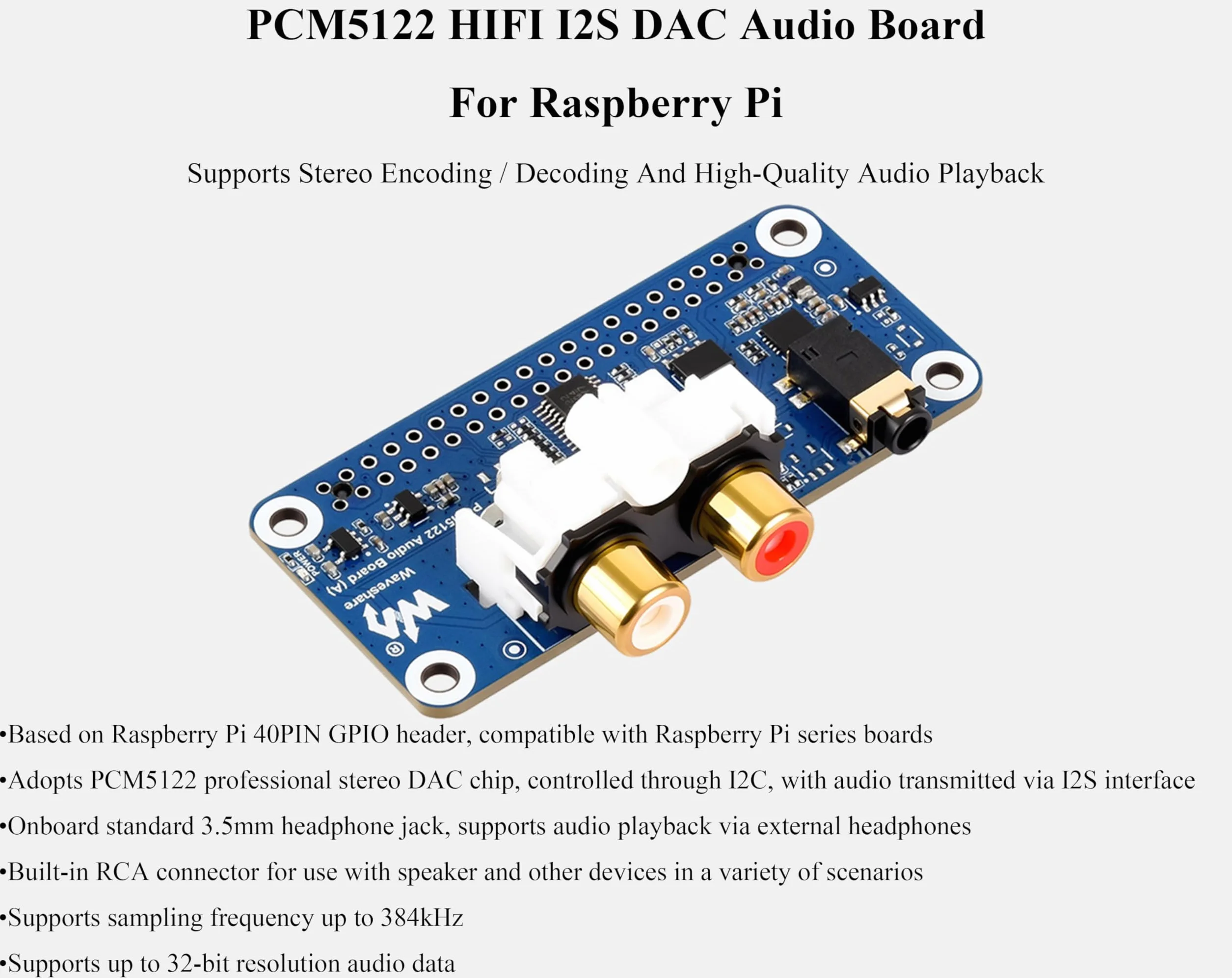 PCM5122 Scheda audio HIFI I2S DAC compatibile con Raspberry Pi 5/4B/3B+/3B/Pi Zero W/Zero 2W/Pico W/Pico 2W, basata su Pi 40PIN GPIO Header, codifica/decodifica stereo, supporta la riproduzione audio