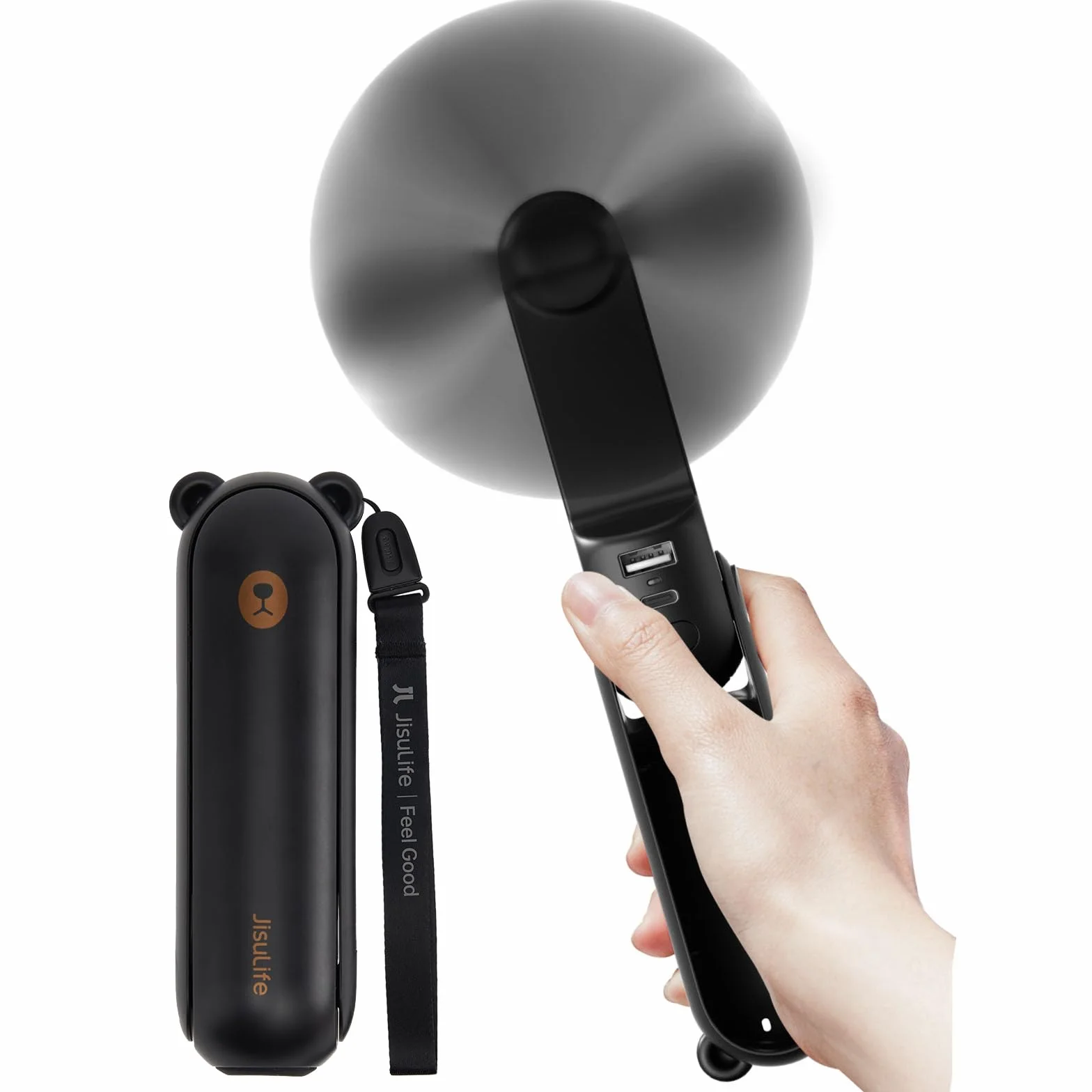 JISULIFE Ventilatore portatile con Powerbank da 4500 mAh,autonomia massima di 46 ore,ventola tascabile alimentata a batteria,ventola personale pieghevole alimentata tramite USB,3 velocità-Nero