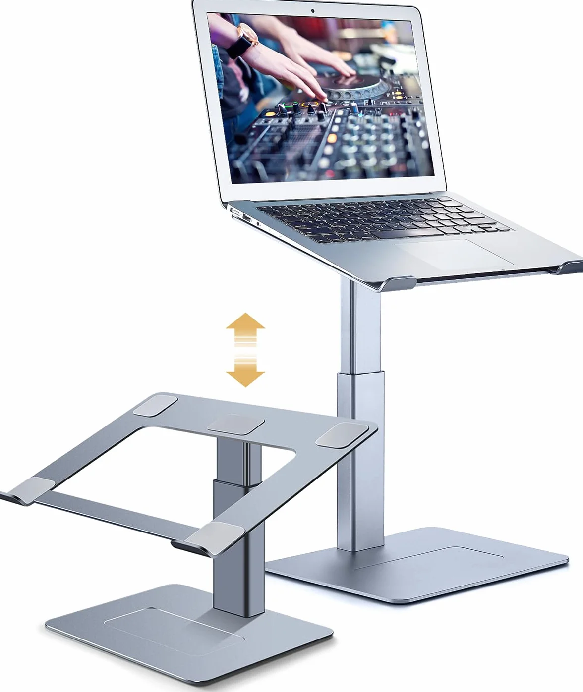 supporto pc portatile, supporto computer da seduti e in piedi, 16 livelli di altezza, standing desk converter, supporto pc dj, per portatile da 13" a 16,5", grigio