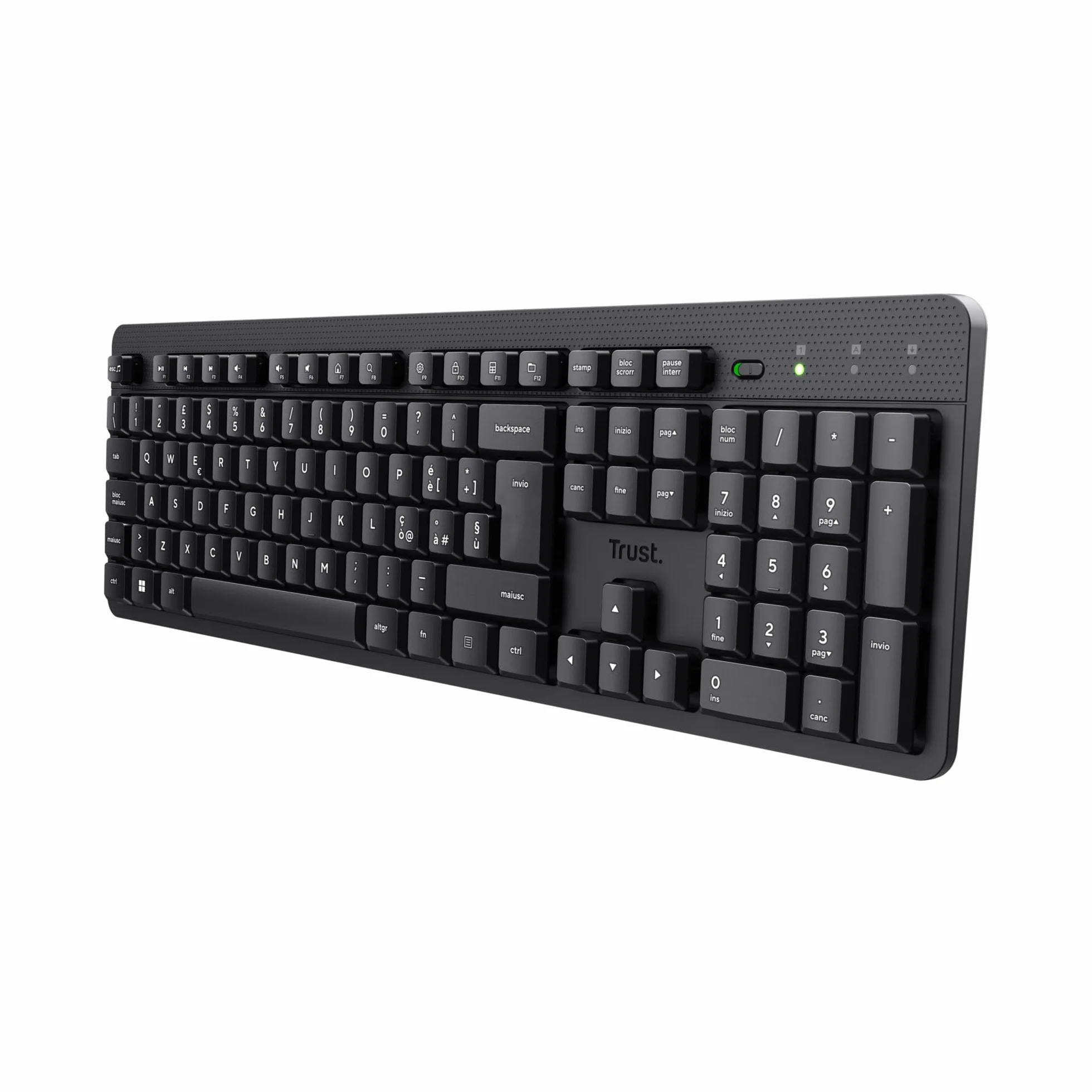 Trust Ody II Tastiera Wireless Silenziosa Layout Italiano QWERTY, Resistente agli Schizzi, Ricevitore USB 2.4GHz, Nero