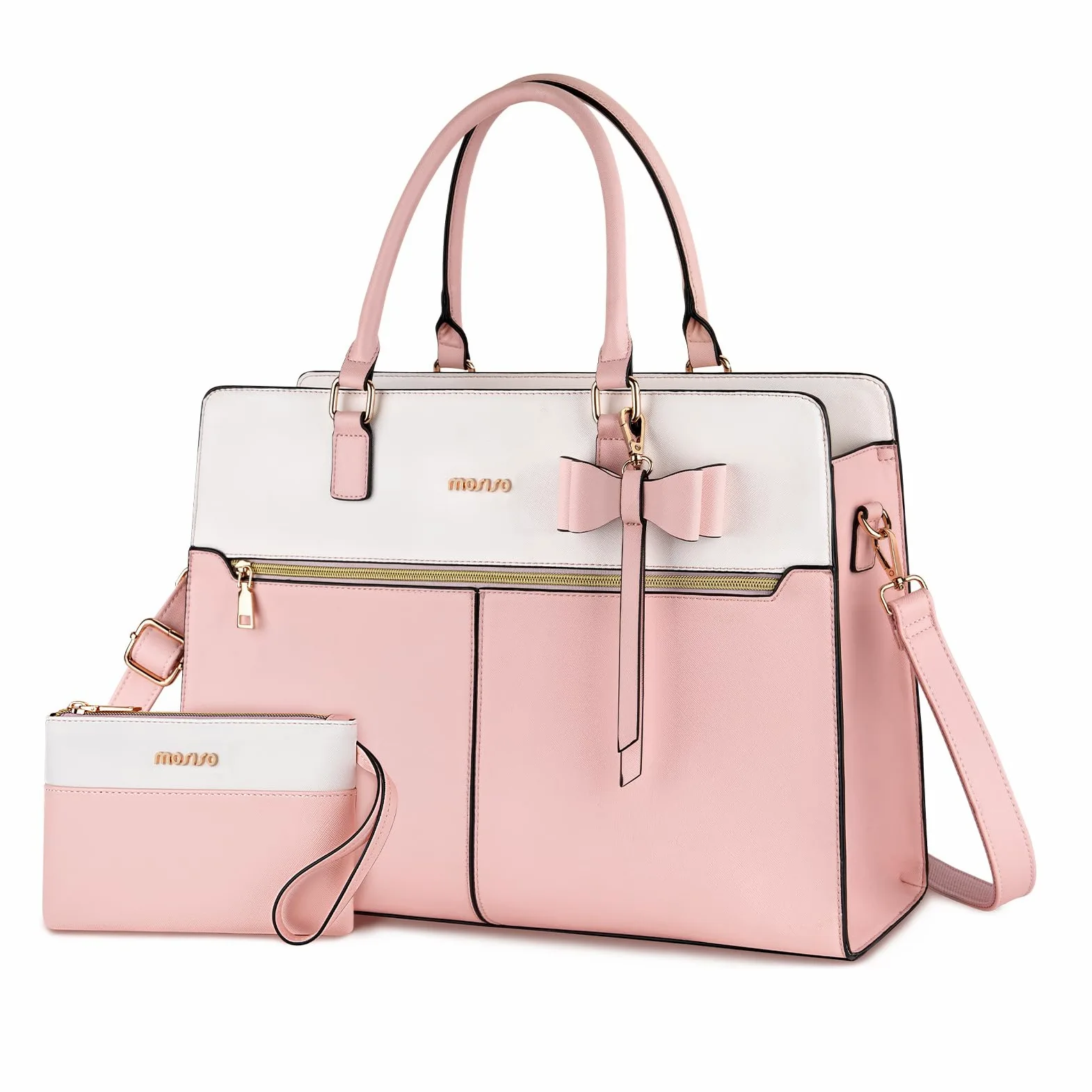 MOSISO Borsa Tote Laptop Donna, 15.6 Pollici Lavoro Pelle PU Impermeabile con Pochette e Fiocco, Borse a Mano Grande Capacita, Borsa a Tracolla Computer, Valigetta Lavoro Ufficio, Insegnante,Rosa