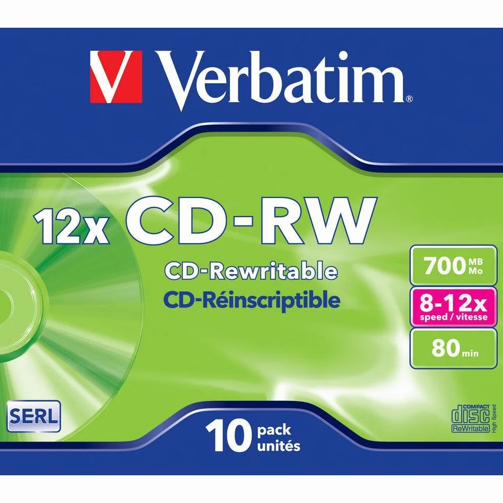 Verbatim Cd-Rw 80 12 X 80 Min 700Mb, Confezione da 10 Pezzi