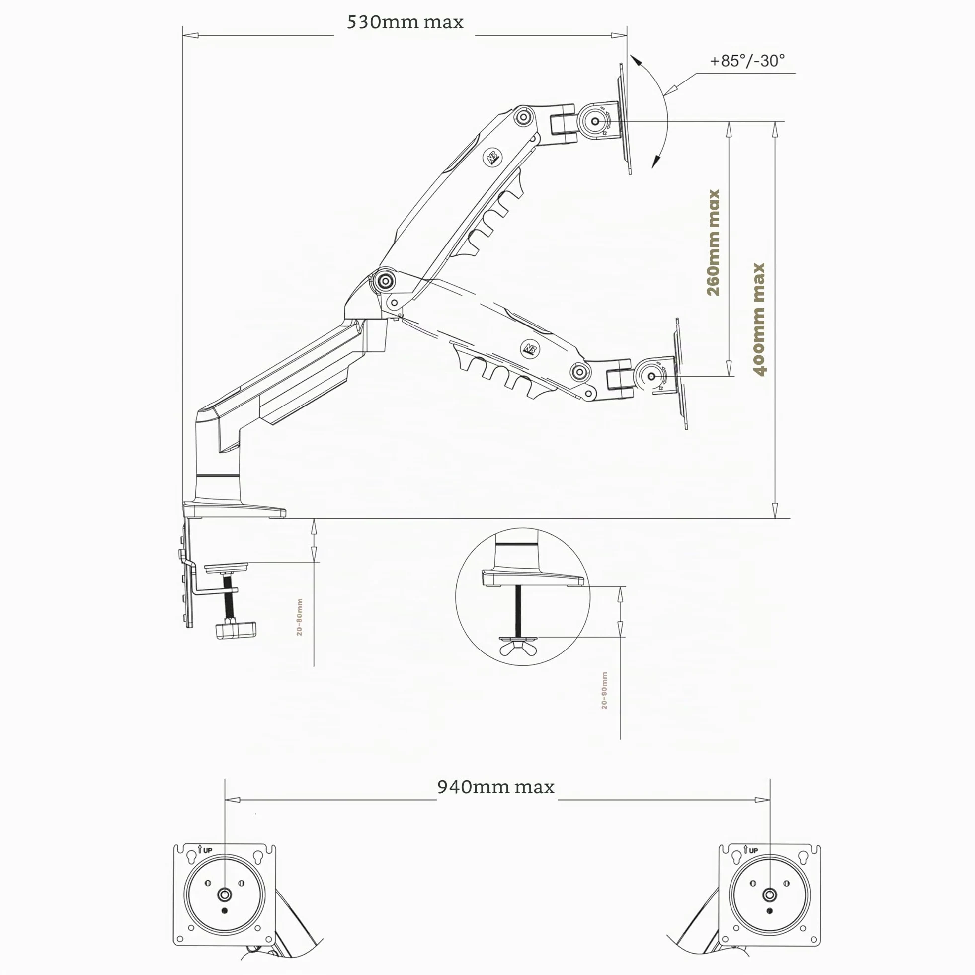 Ergosolid Supporto da scrivania per 2 Monitor PC LCD LED 17" - 27" Regolazione in più Assi, Girevole, Molla a Gas Fino a 2 x 9 kg