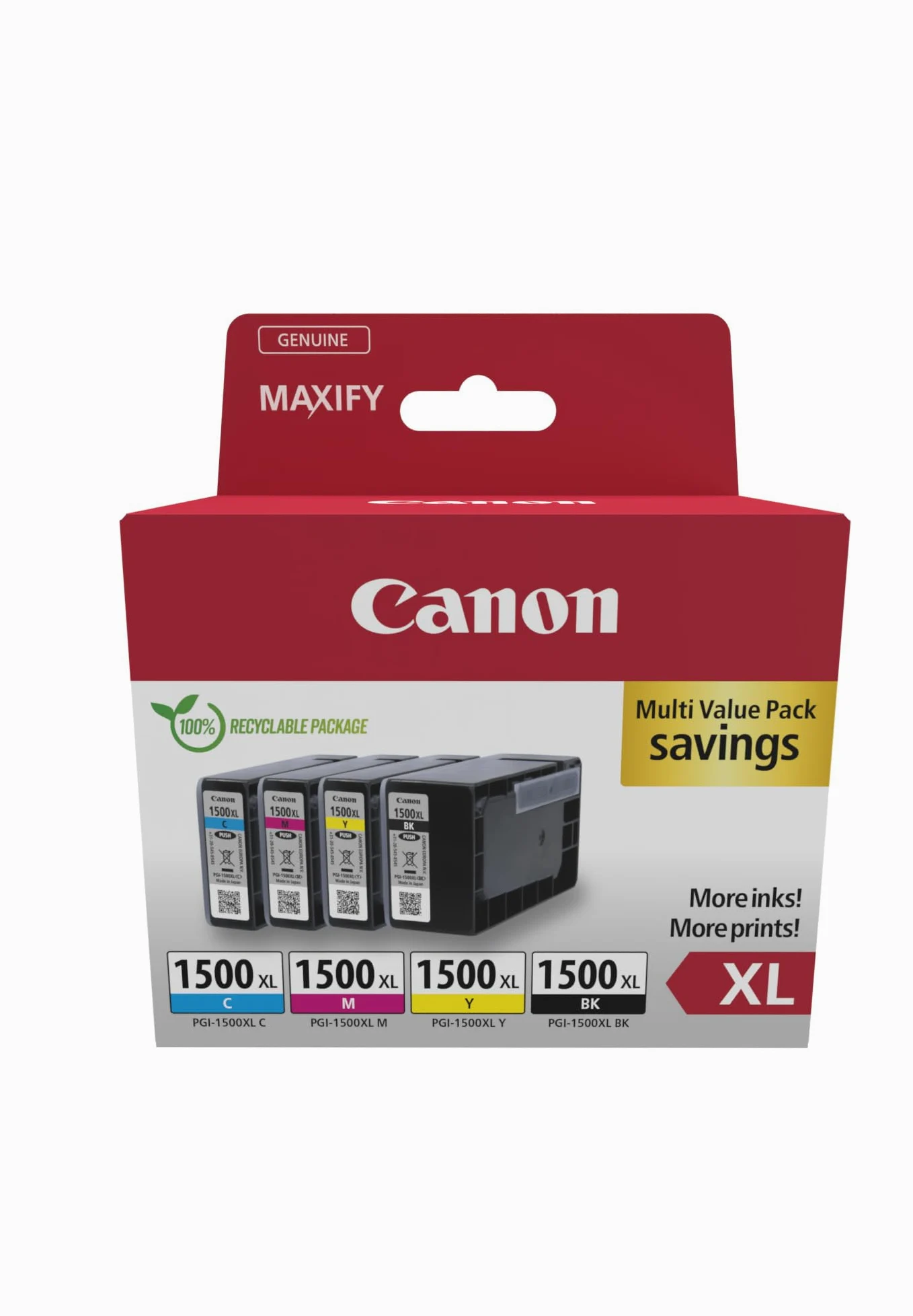 Canon PGI-1500 XL C M Y BK Pacchetto di 4 Cartucce d'inchiostro portata XL (Nero XL Ciano XL Magenta XL Giallo XL) Certificato (cartone riciclabile2024)