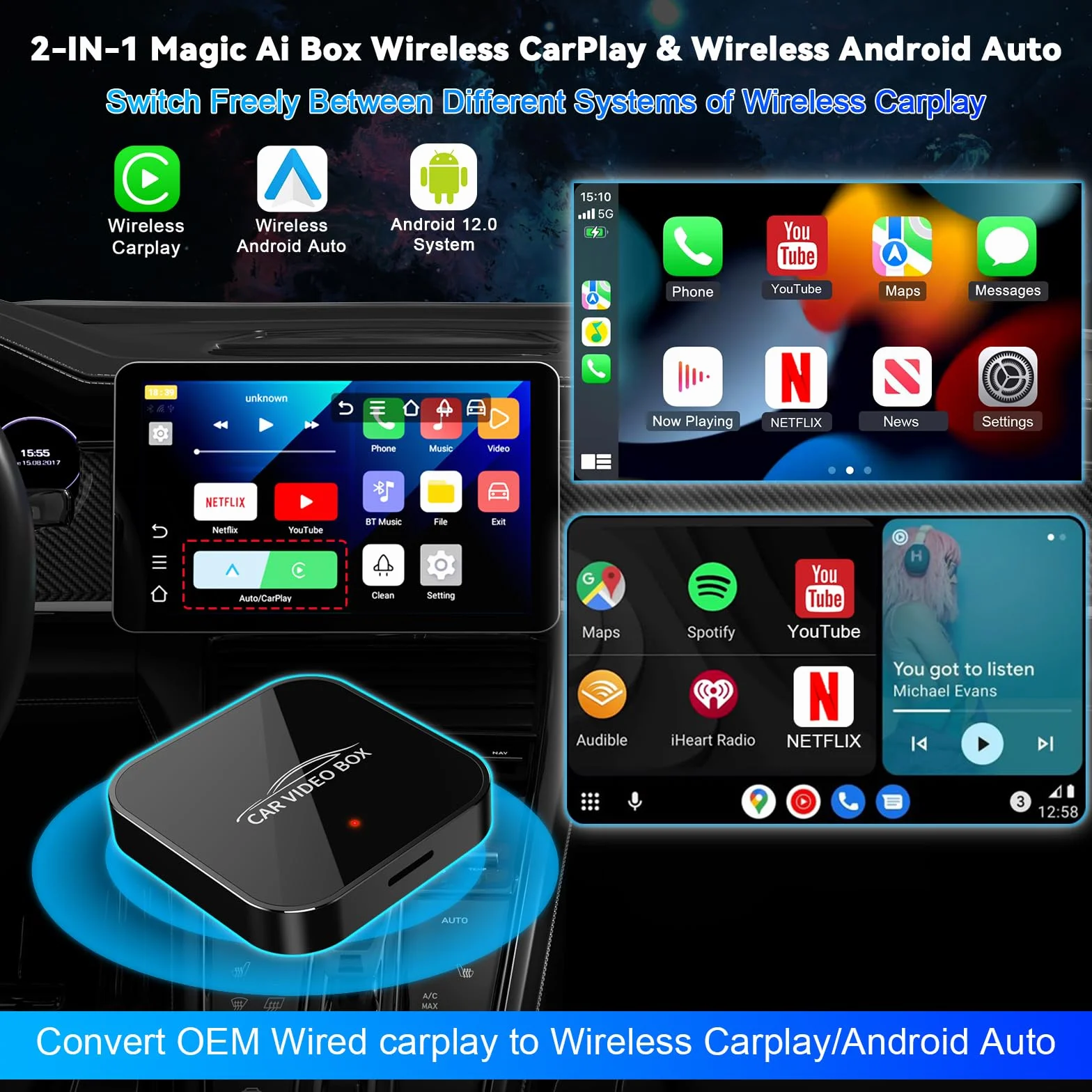 Adattatore Carplay wireless con YouTube, adattatore wireless Carplay 2024 e dongle Android Auto facile da configurare, WiFi 5GHz
