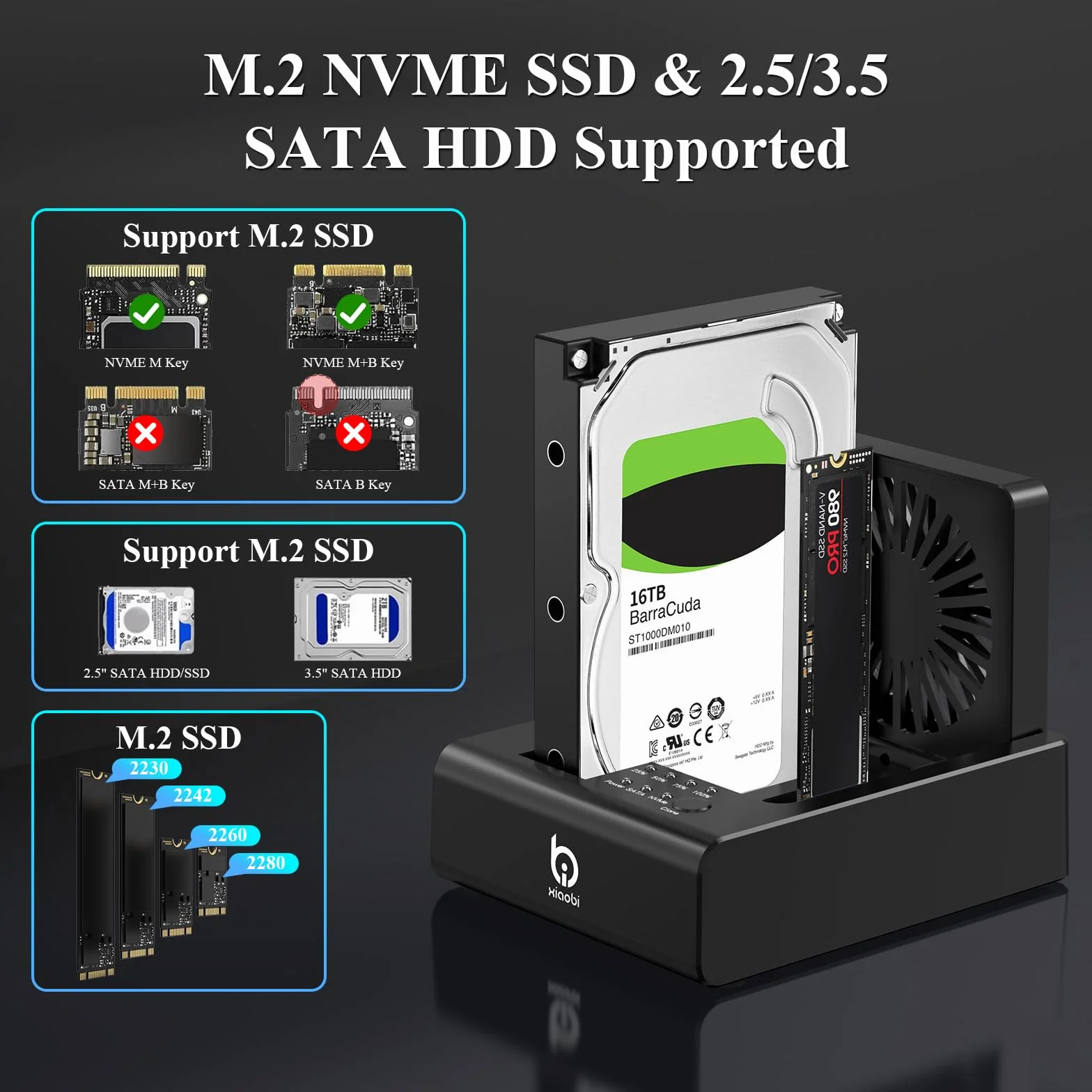 M.2 NVMe & SATA HDD Docking Station, 10Gbps USB3.2 Gen2 SSD Cloner per M.2 NVMe SSD + SATA 2.5"/3.5" HDD Converter, Offline Cloning, Tool-Free, Ventola di raffreddamento